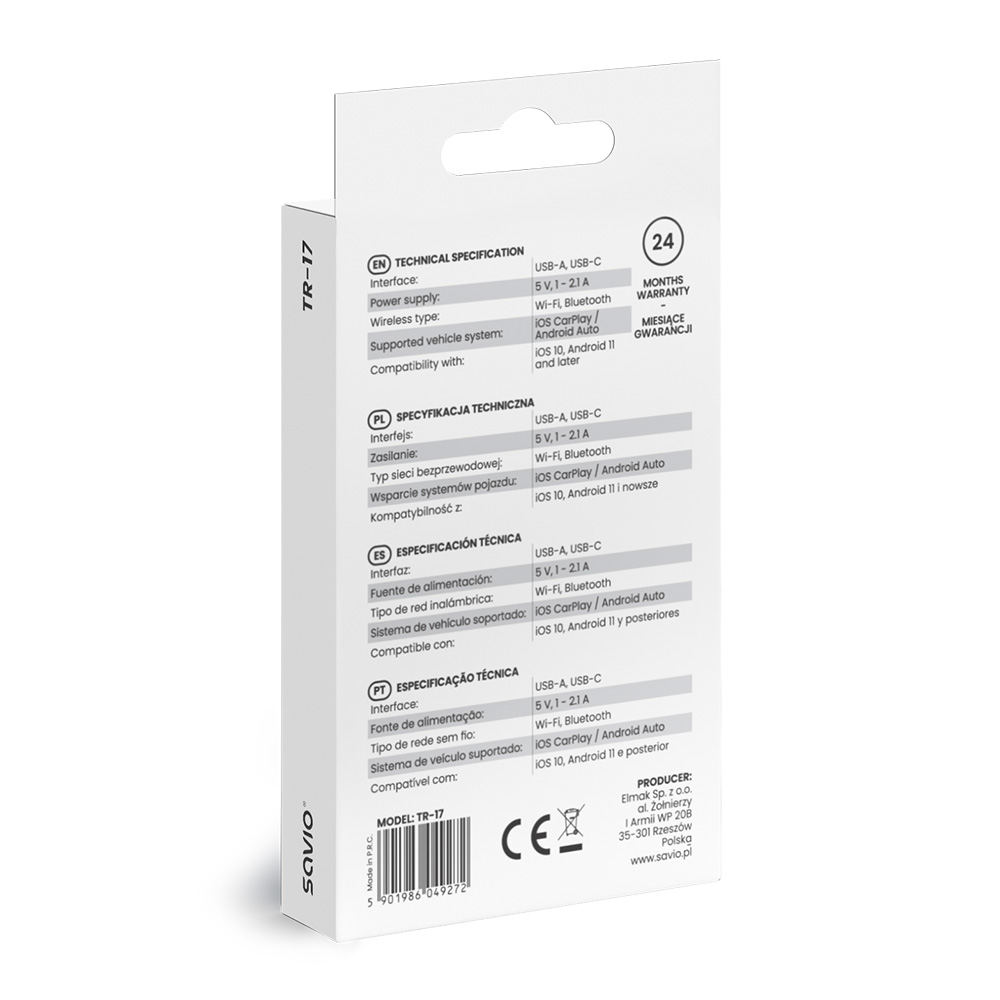Un paquete de producto para un dispositivo TR-17, con especificaciones técnicas e información de garantía.