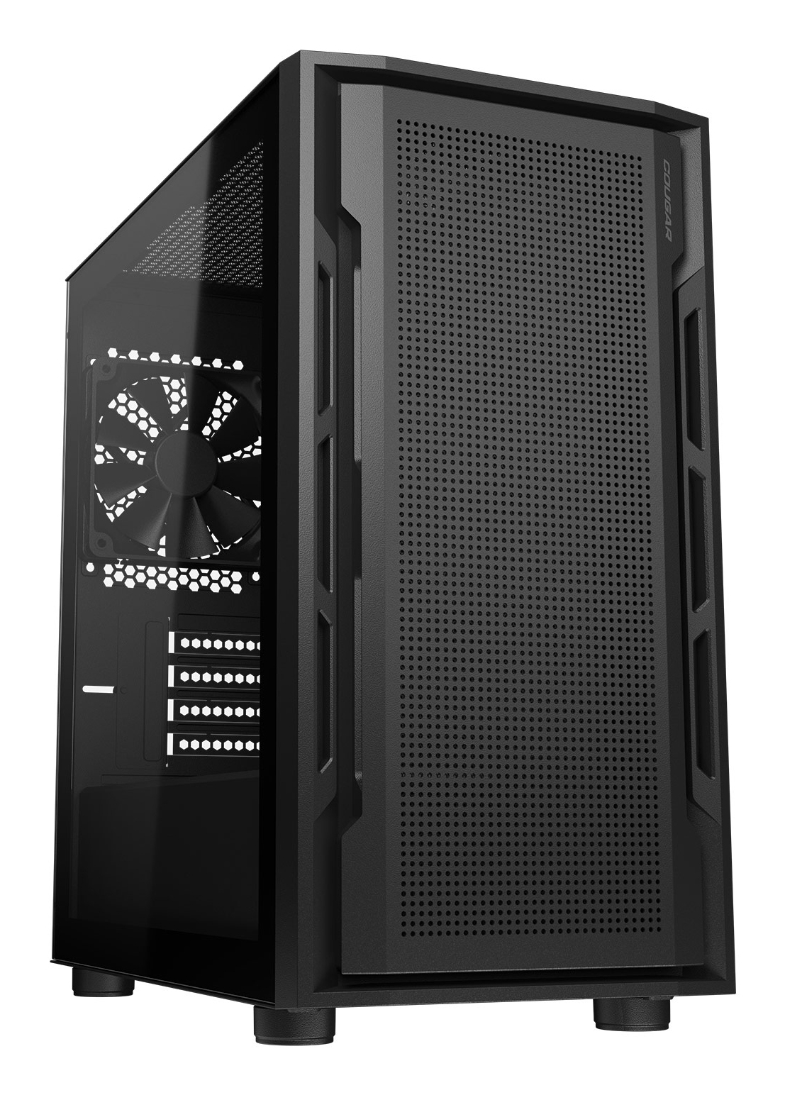 Czarna obudowa komputera ze szklanym panelem bocznym i siatkowym przodem, na białym tle.