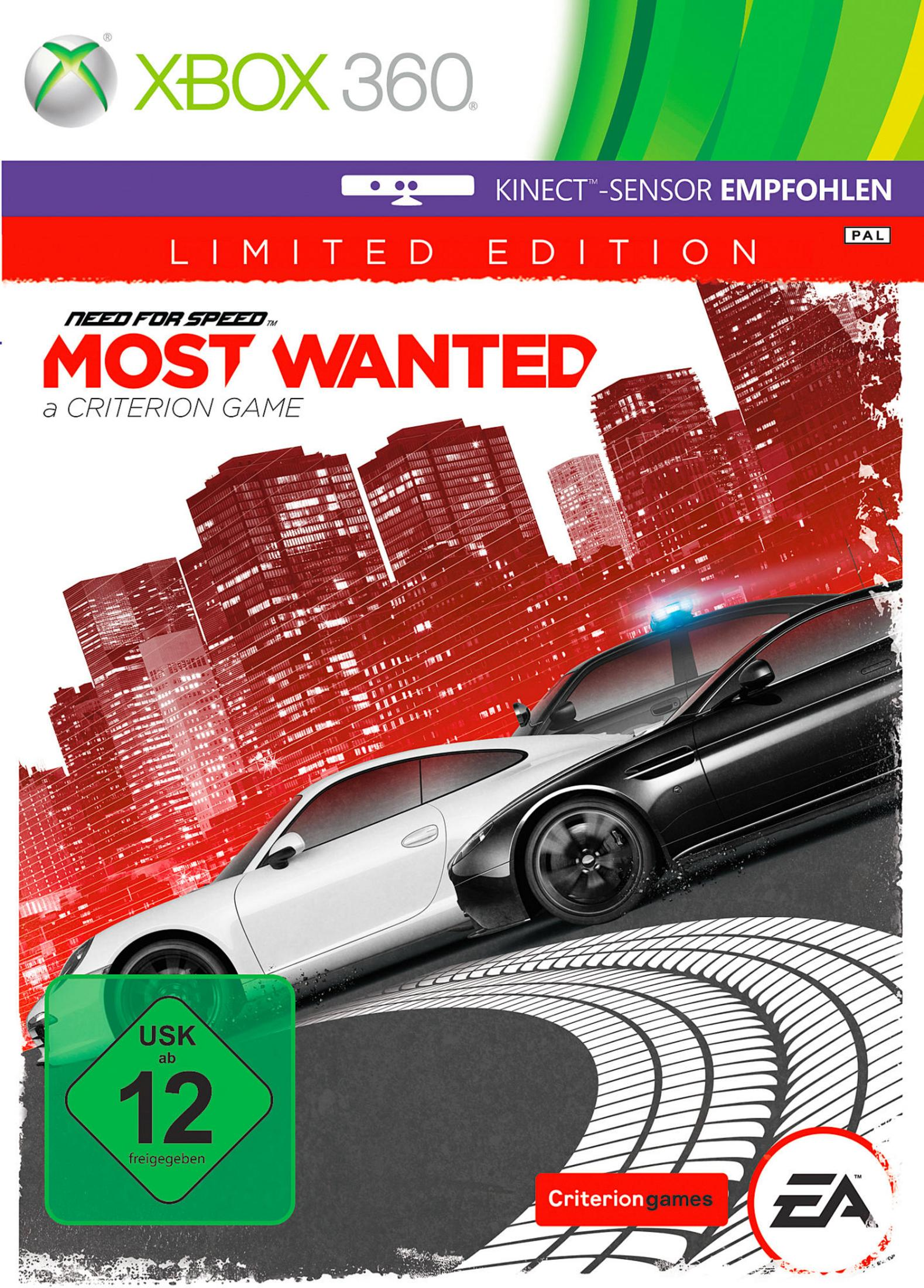 Spielcover für Need for Speed: Most Wanted. Autos rasen, Stadt im Hintergrund, Rot und Schwarz.