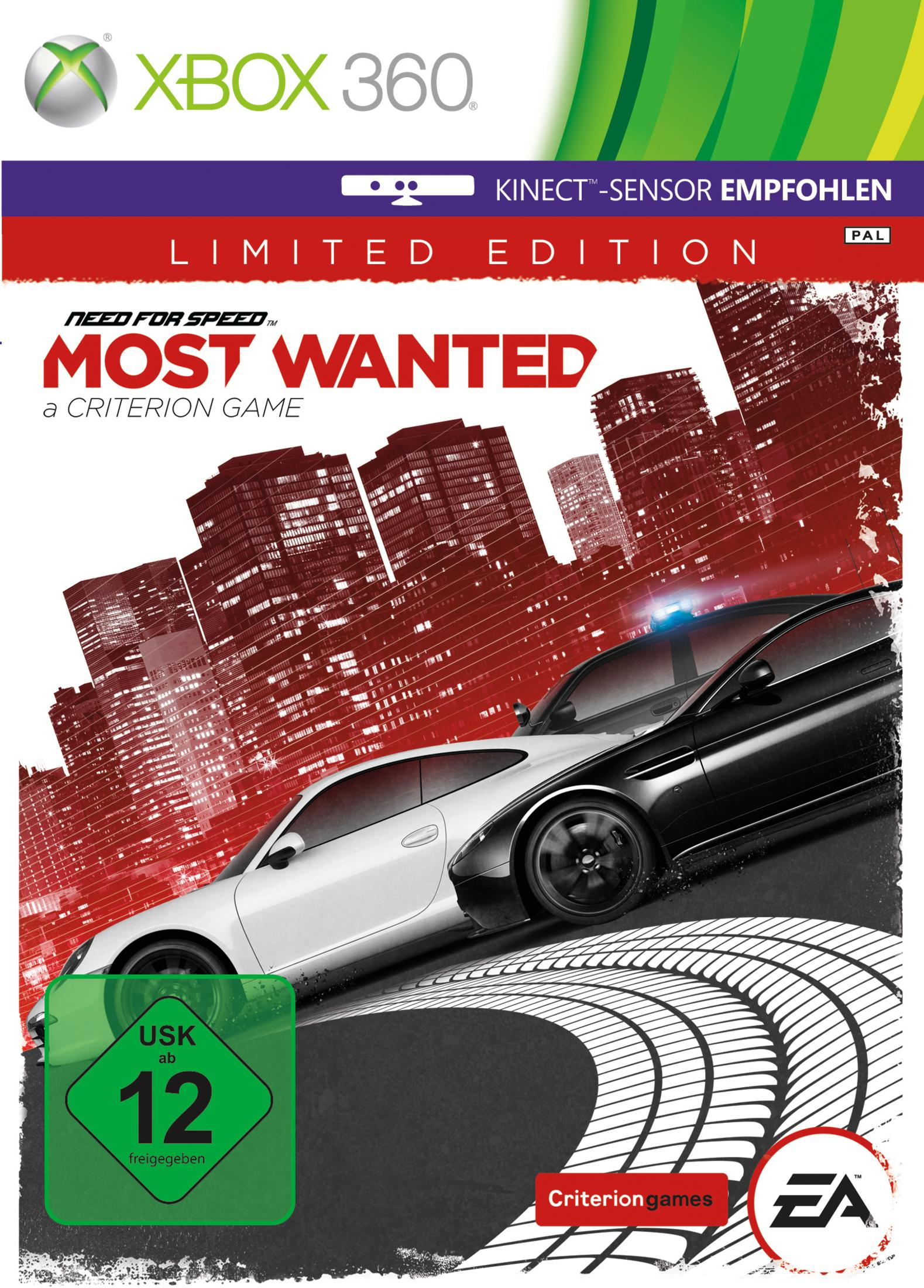 Xbox 360 Spielcover für Need for Speed: Most Wanted. Zeigt Autos, die auf einer Stadtstraße rennen.