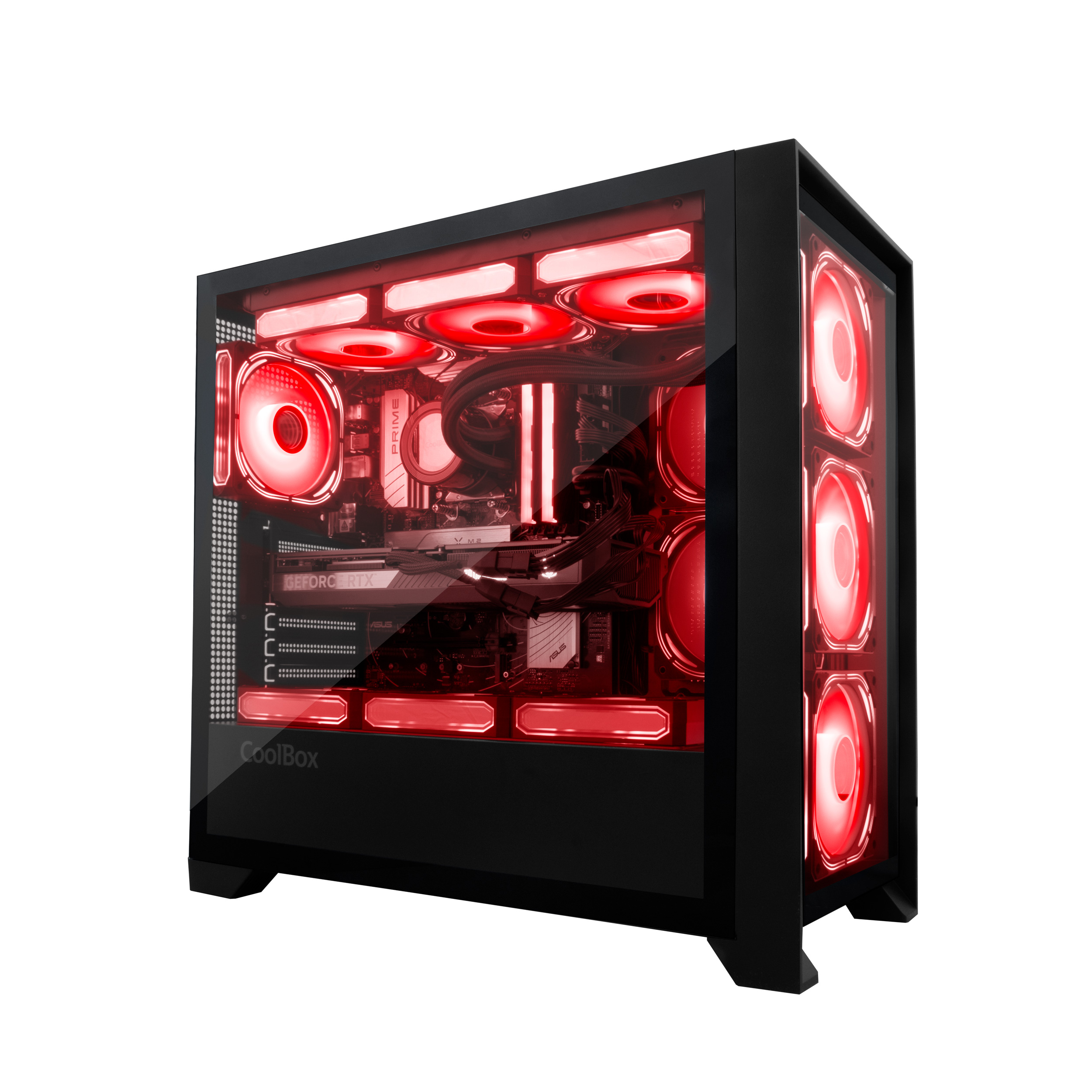 Case nero per computer con luci rosse, su sfondo bianco.