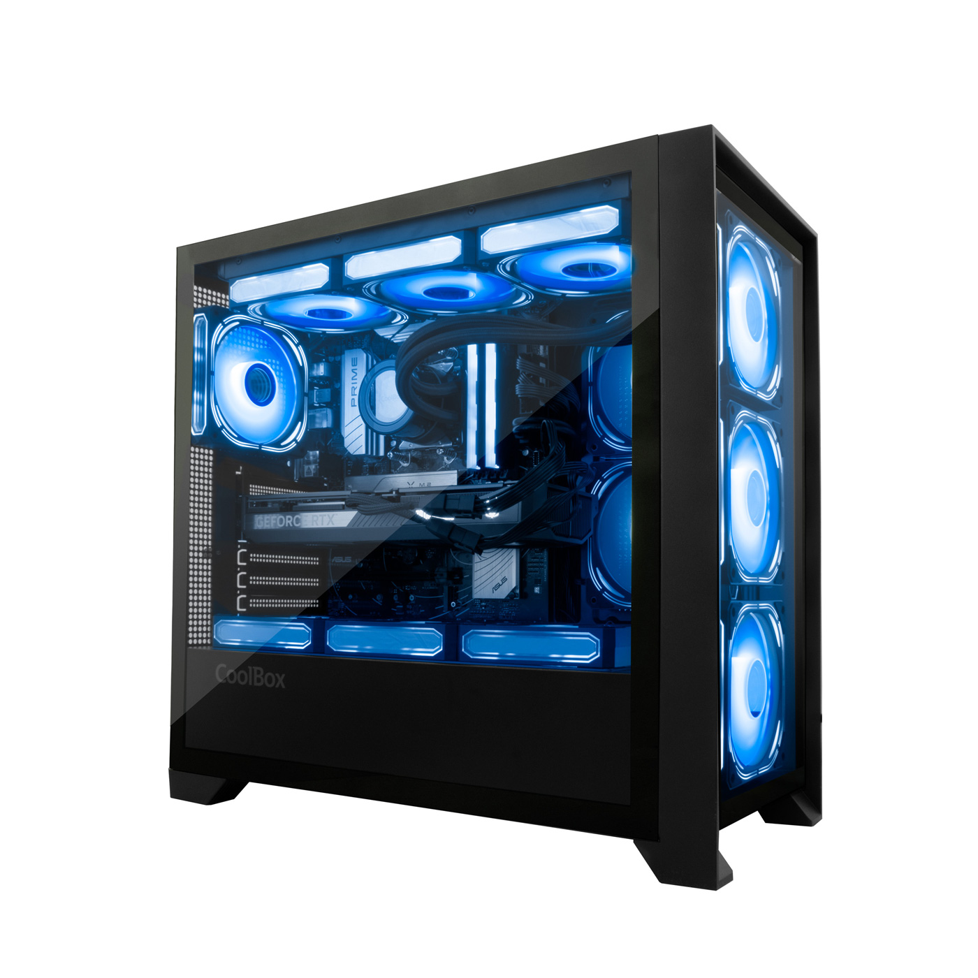 Case per PC con luci blu e componenti interni.