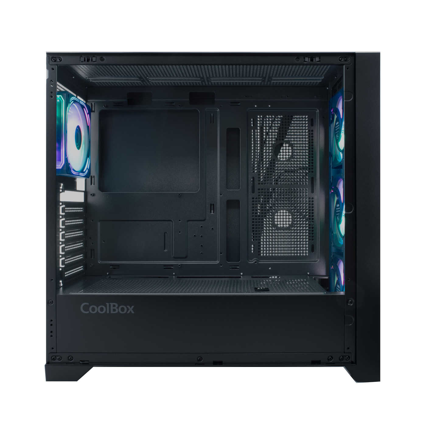 Interno di un case per computer nero. Mostra scomparti, ventole con luci colorate e il logo 'CoolBox'.