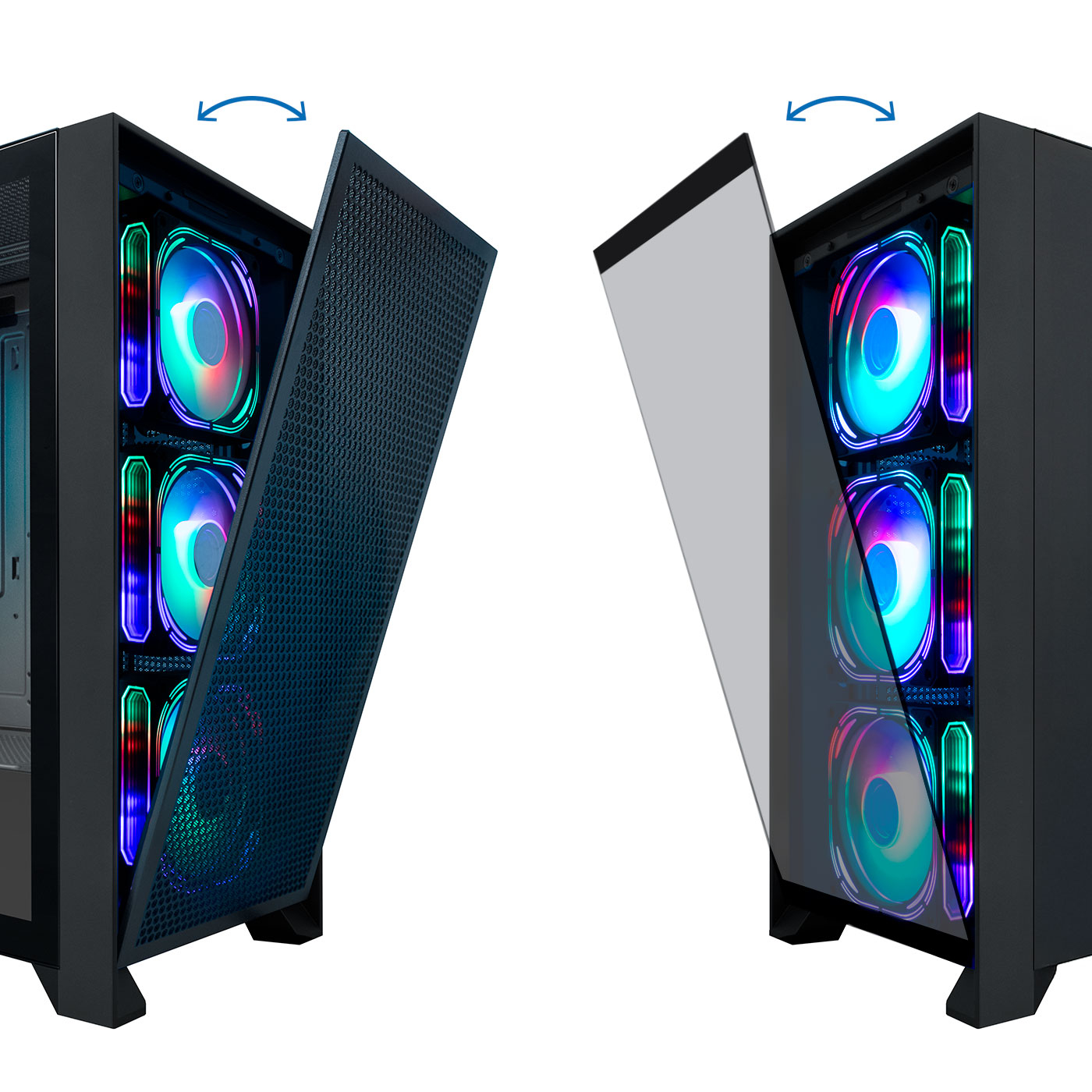 Un case per computer nero con pannelli laterali aperti, che mostra componenti interni con luci colorate.
