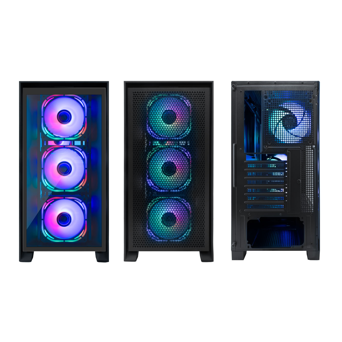 Sono visualizzati tre case per computer. Uno ha un frontale in vetro con ventole, uno con un frontale a rete.