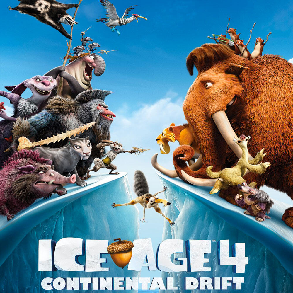 Ice Age 4-Filmplakat. Charaktere sind Mammut, Faultier, Eichhörnchen und andere Tiere auf Eis.
