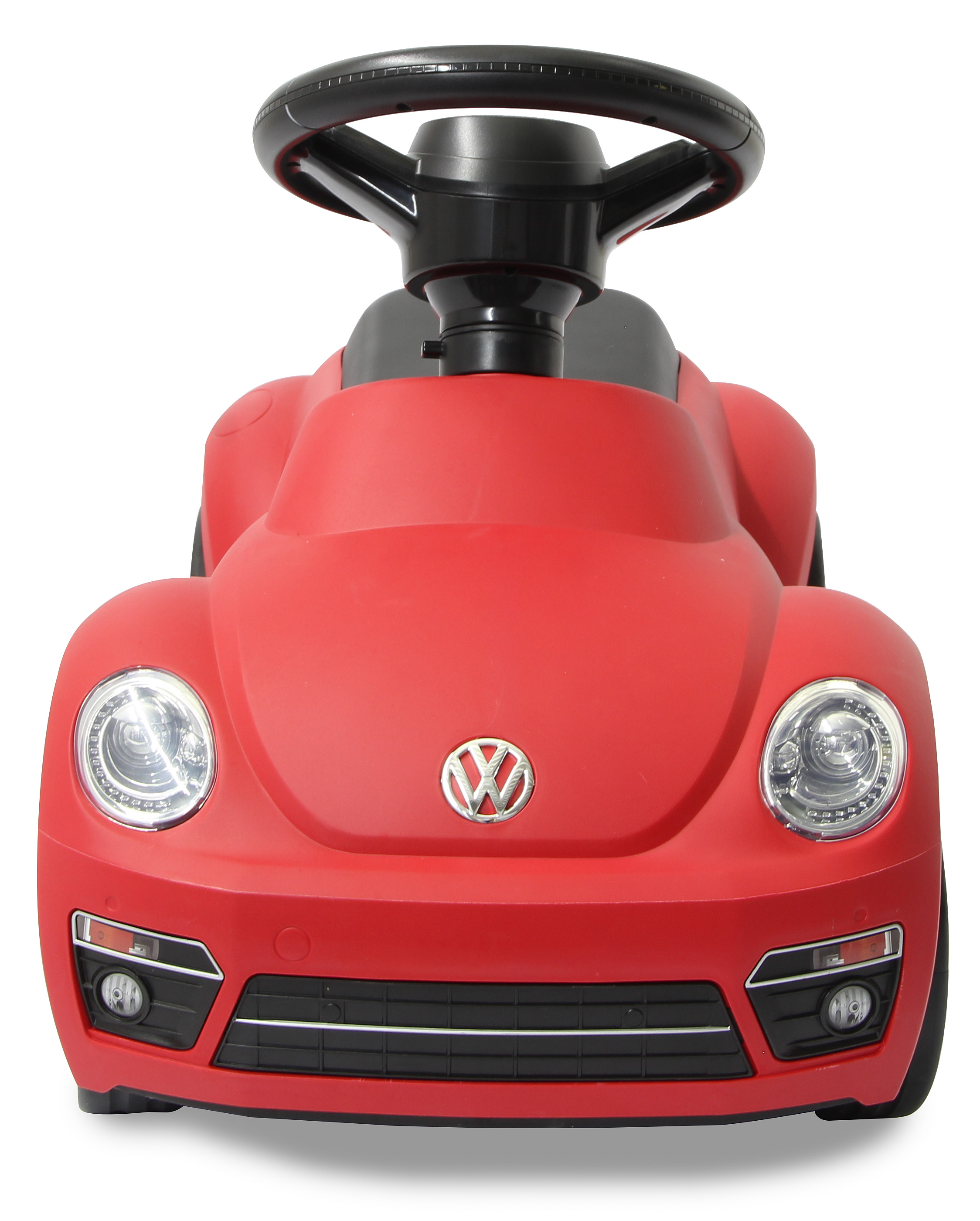 Macchina giocattolo rossa con volante nero e fari. Sfondo bianco.