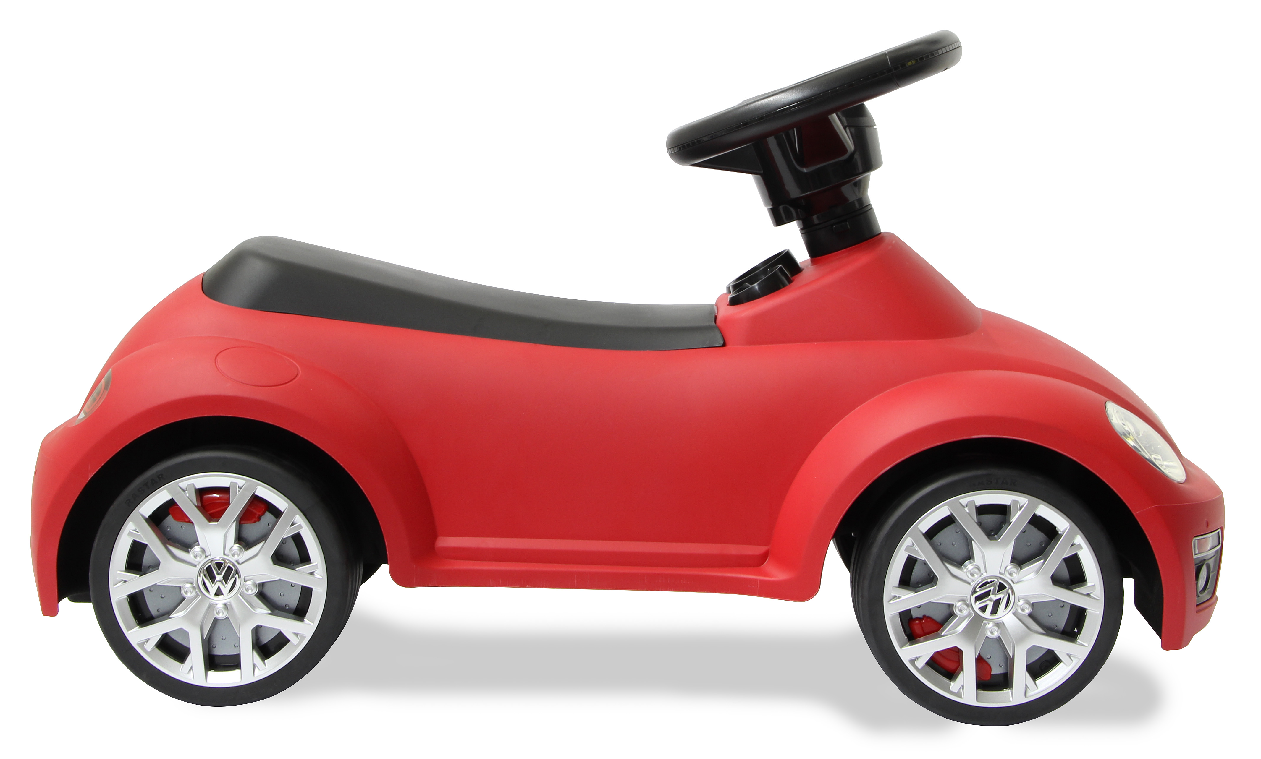 Macchina giocattolo rossa per bambini con sedile e volante neri.