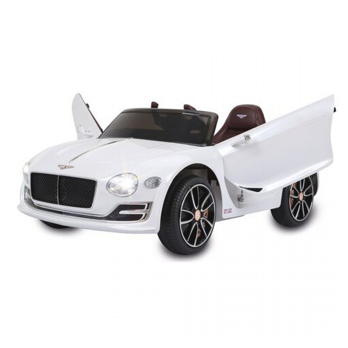 Macchina giocattolo Bentley bianca con porte aperte. Luci anteriori accese, pneumatici neri, sfondo bianco.