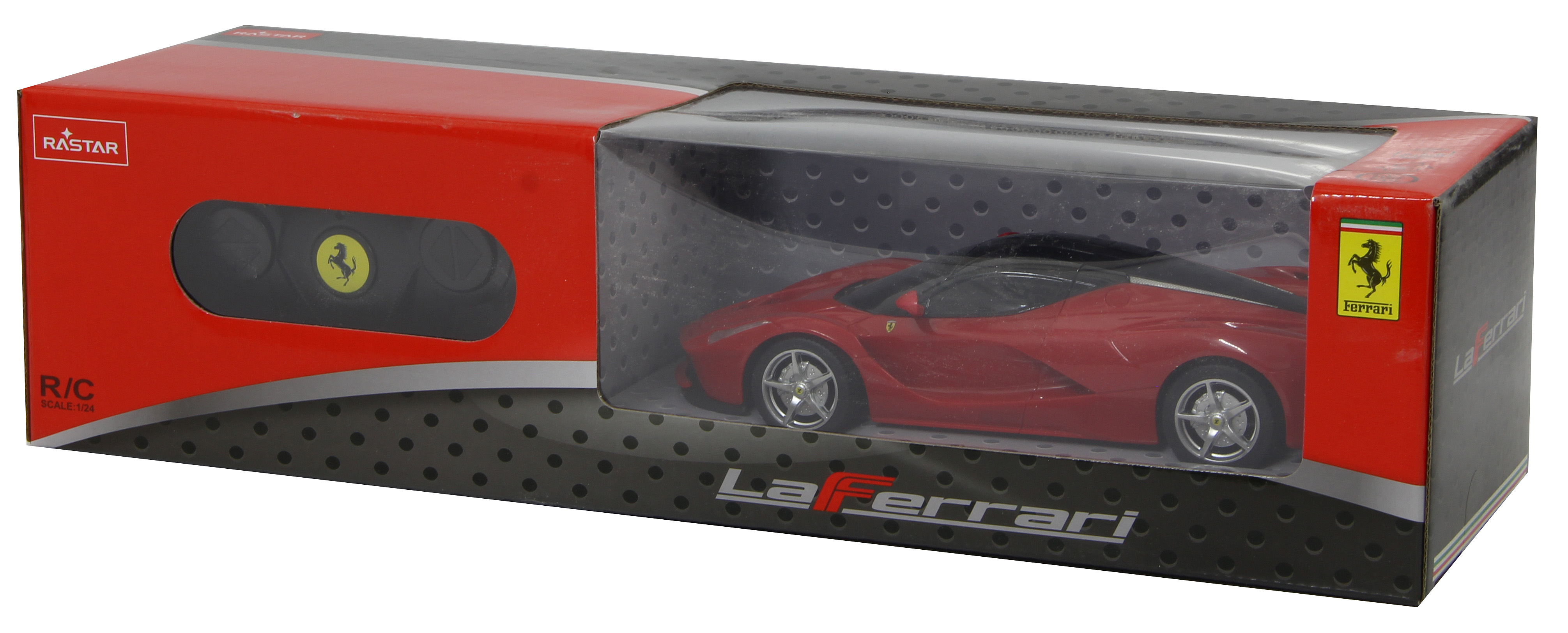Czerwone pudełko z zabawką samochodową. Samochód jest czerwony, oznaczony jako 'LaFerrari' i ma pilota.