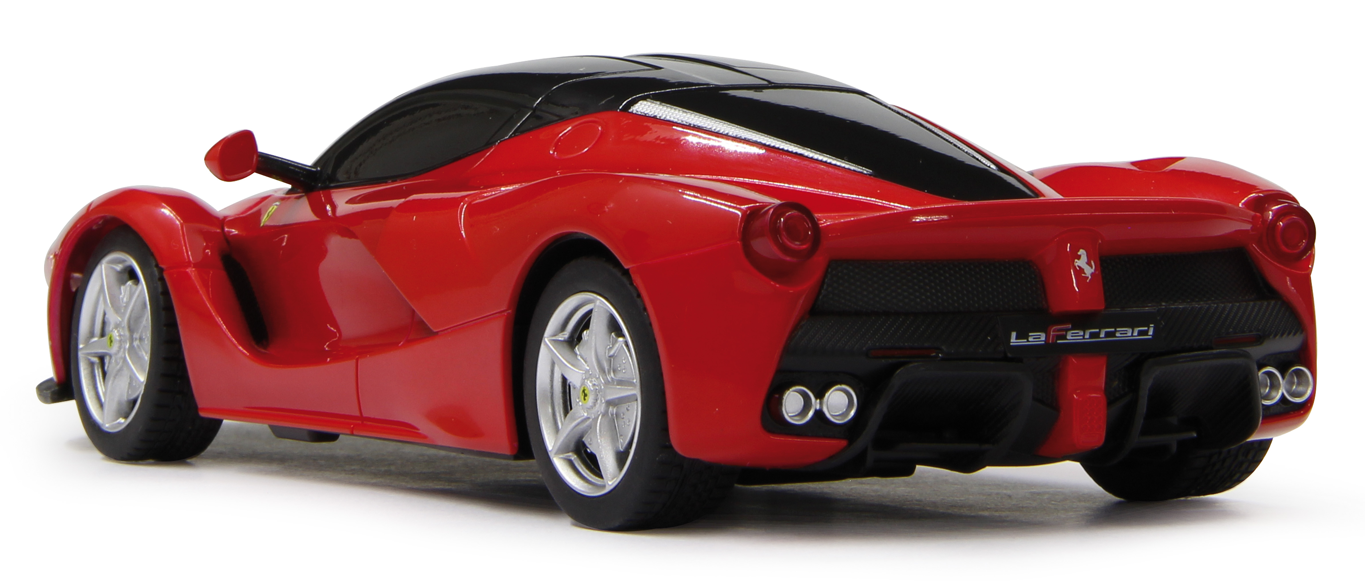 Czerwony samochód zabawkowy LaFerrari z tyłu, z czarnym dachem. Białe tło.