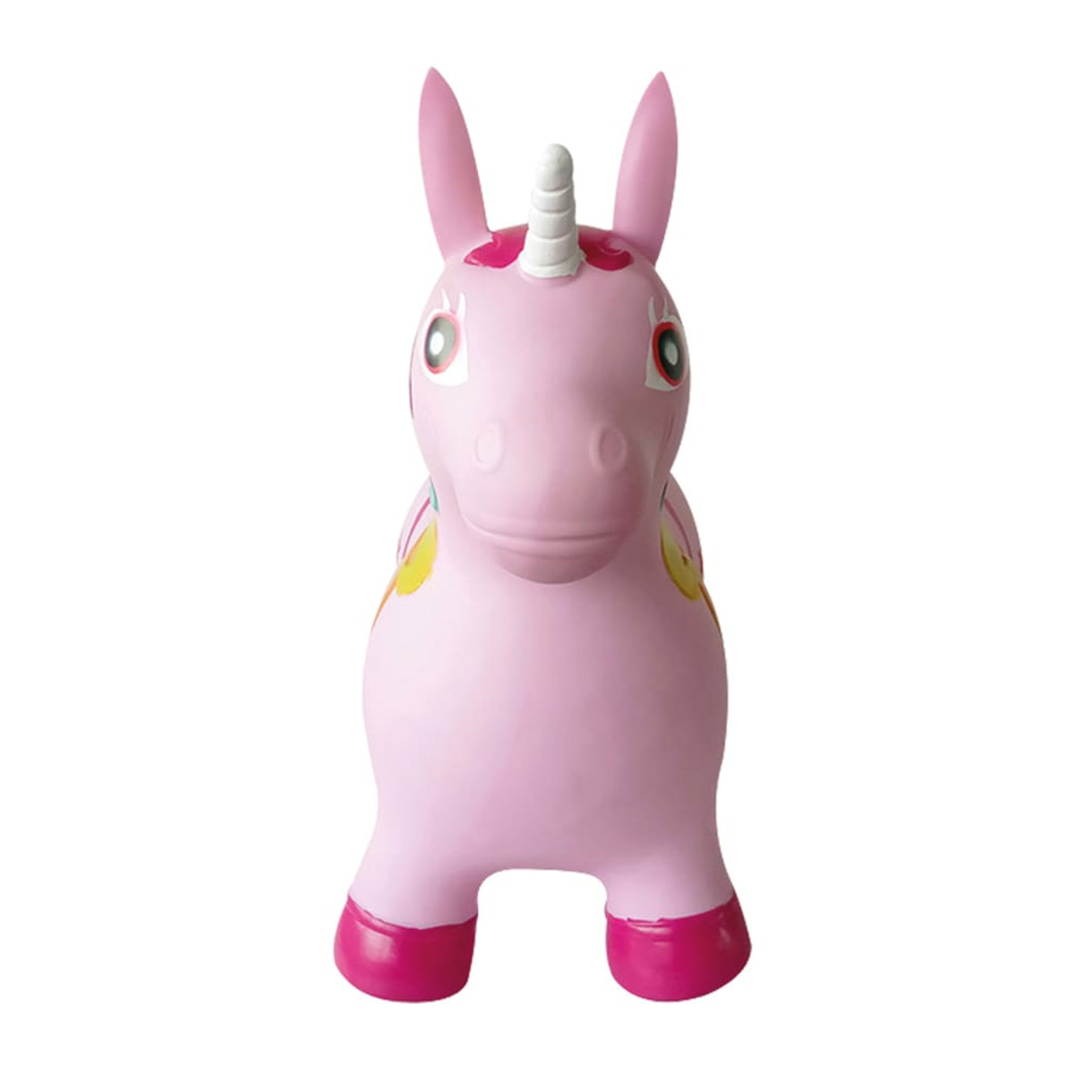 Rosa aufblasbares Einhorn-Spielzeug. Es hat ein weißes Horn und ein lächelndes Gesicht.