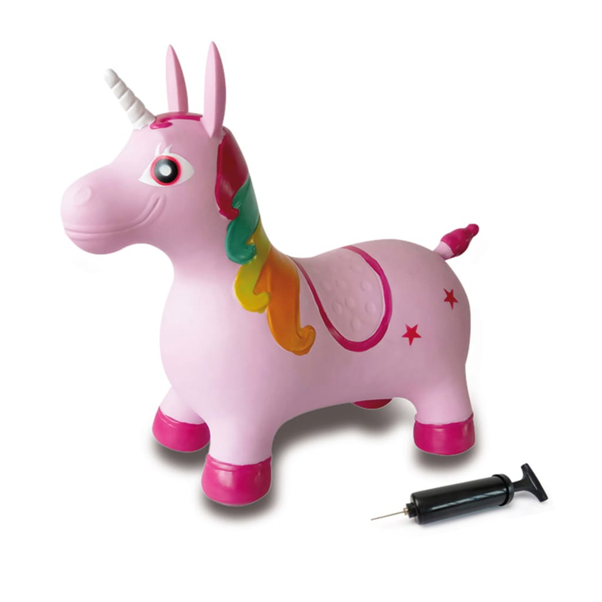 Rosa aufblasbares Einhornspielzeug mit schwarzer Pumpe. Weißes Horn, Regenbogenmähne, Sterne und rosa Hintergrund.