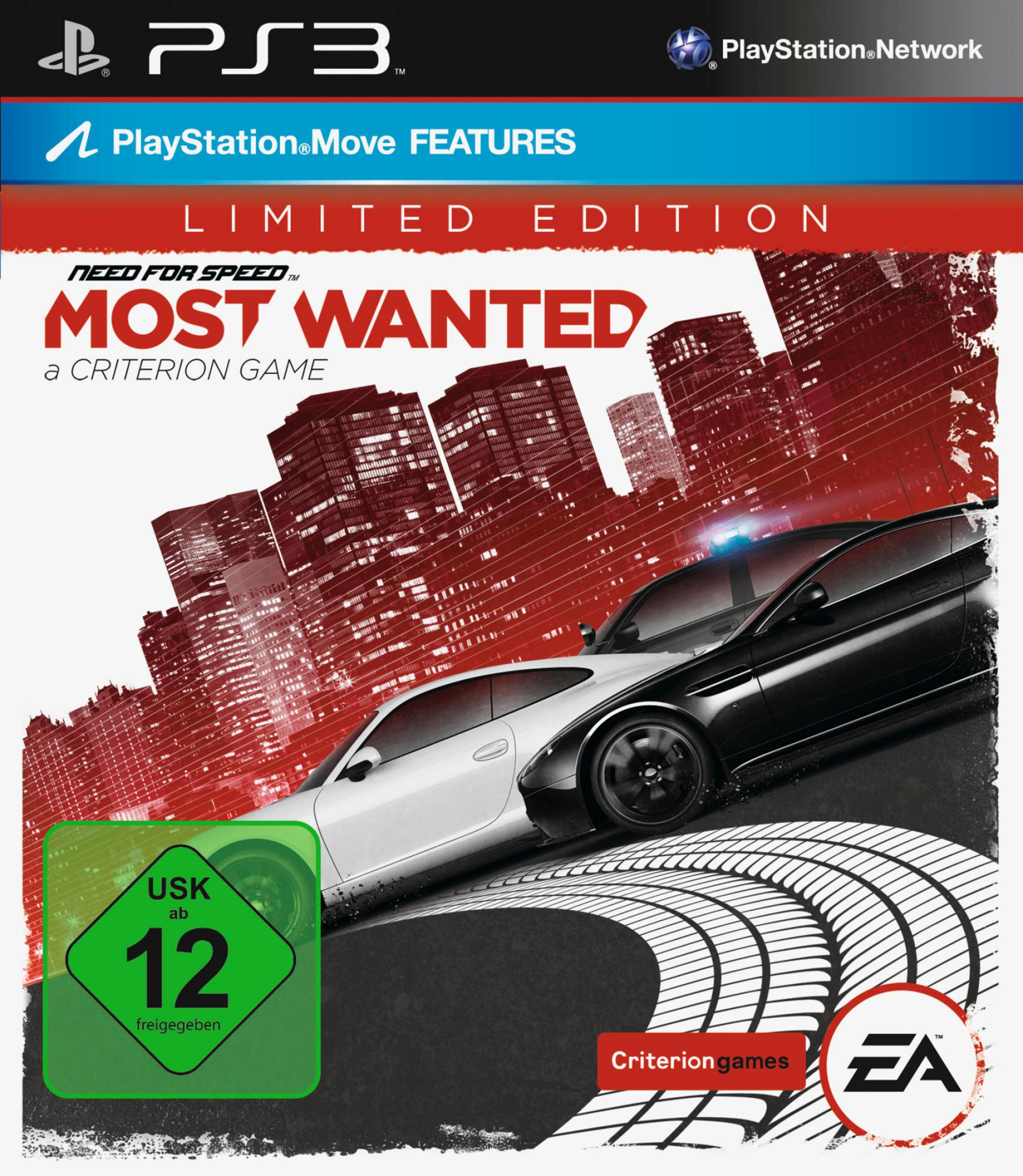 Spielbox für Need for Speed: Most Wanted auf PS3. Zeigt zwei Autos, die in einer Stadt fahren.