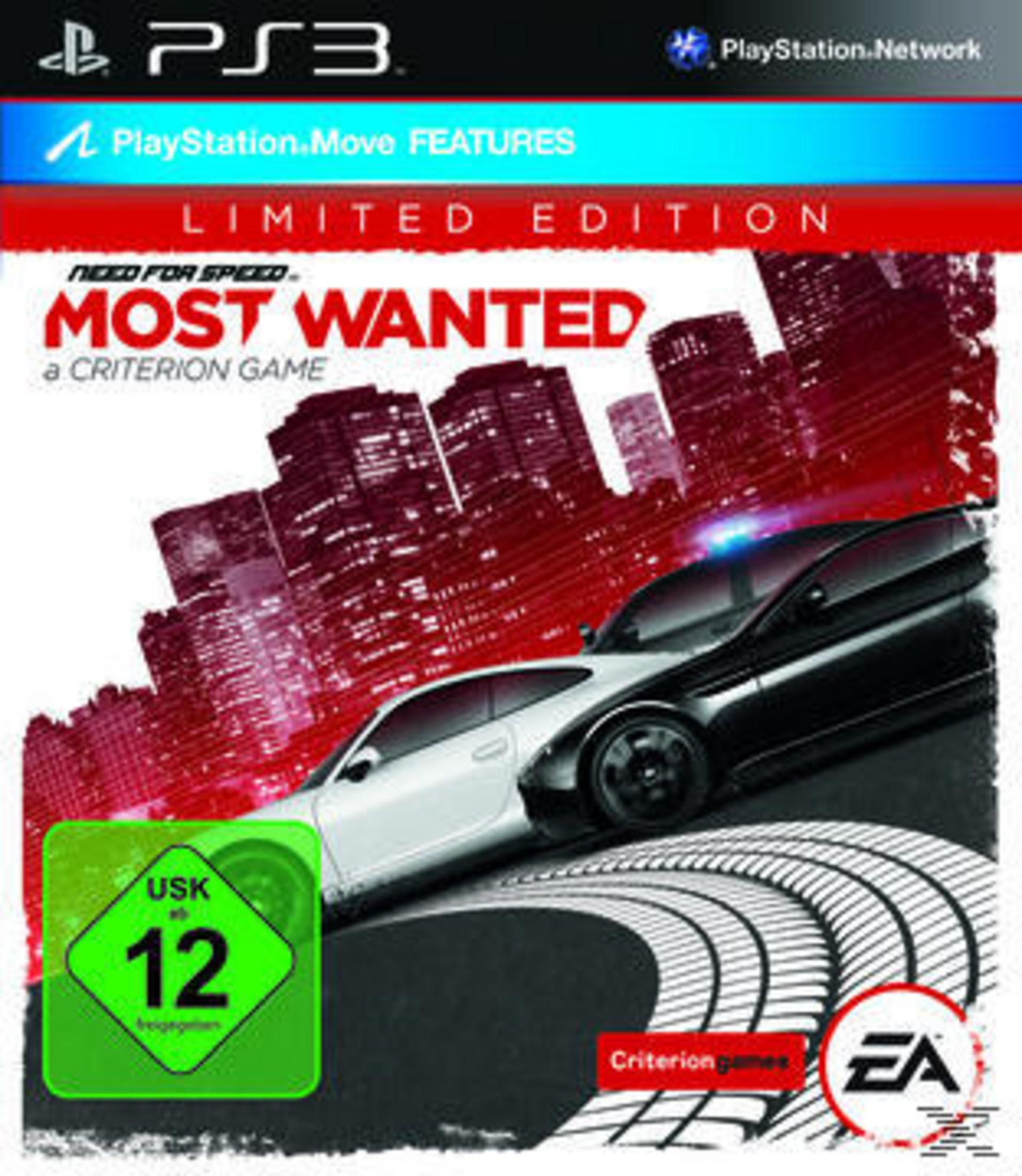 Spielbox für Need for Speed: Most Wanted auf PS3. Zeigt zwei Autos, die in einer Stadt fahren.