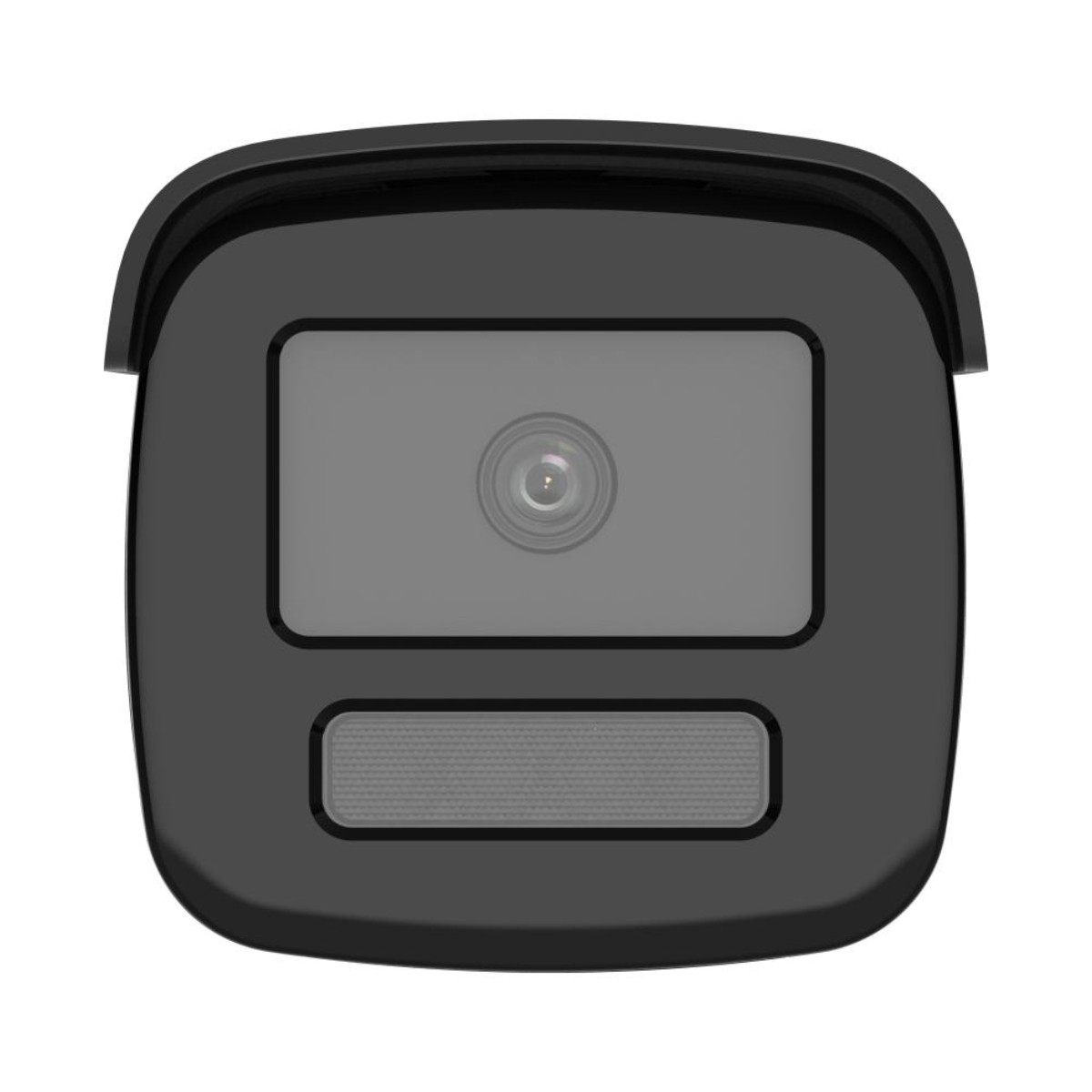 Primo piano dell'obiettivo di una telecamera di sicurezza nera. L'obiettivo e una presa d'aria sono visibili.