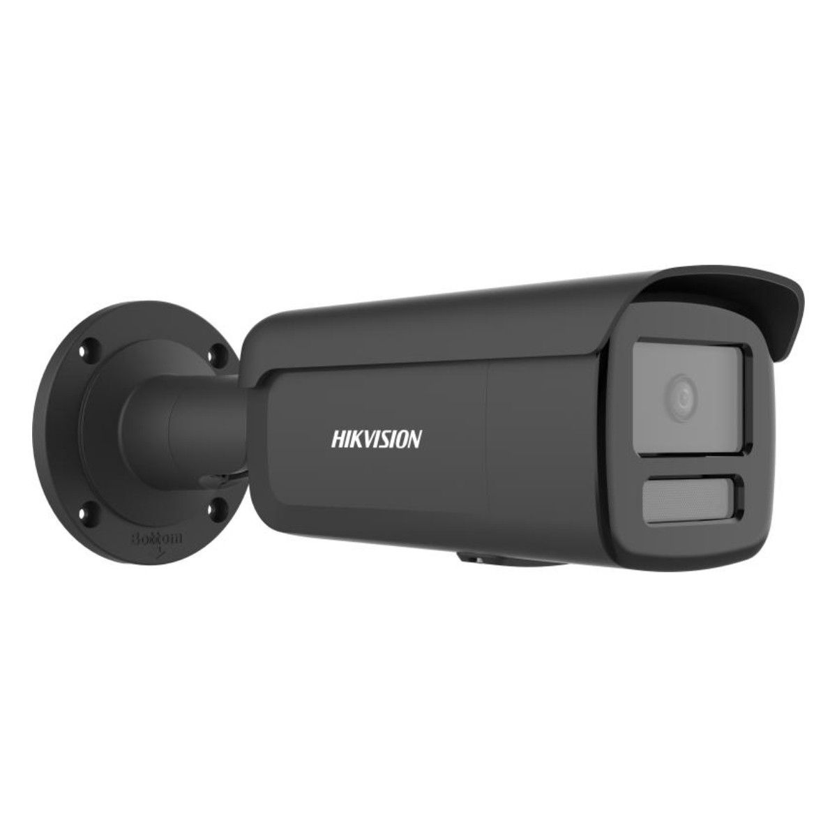 Telecamera di sicurezza nera. La telecamera ha un obiettivo e il logo Hikvision.