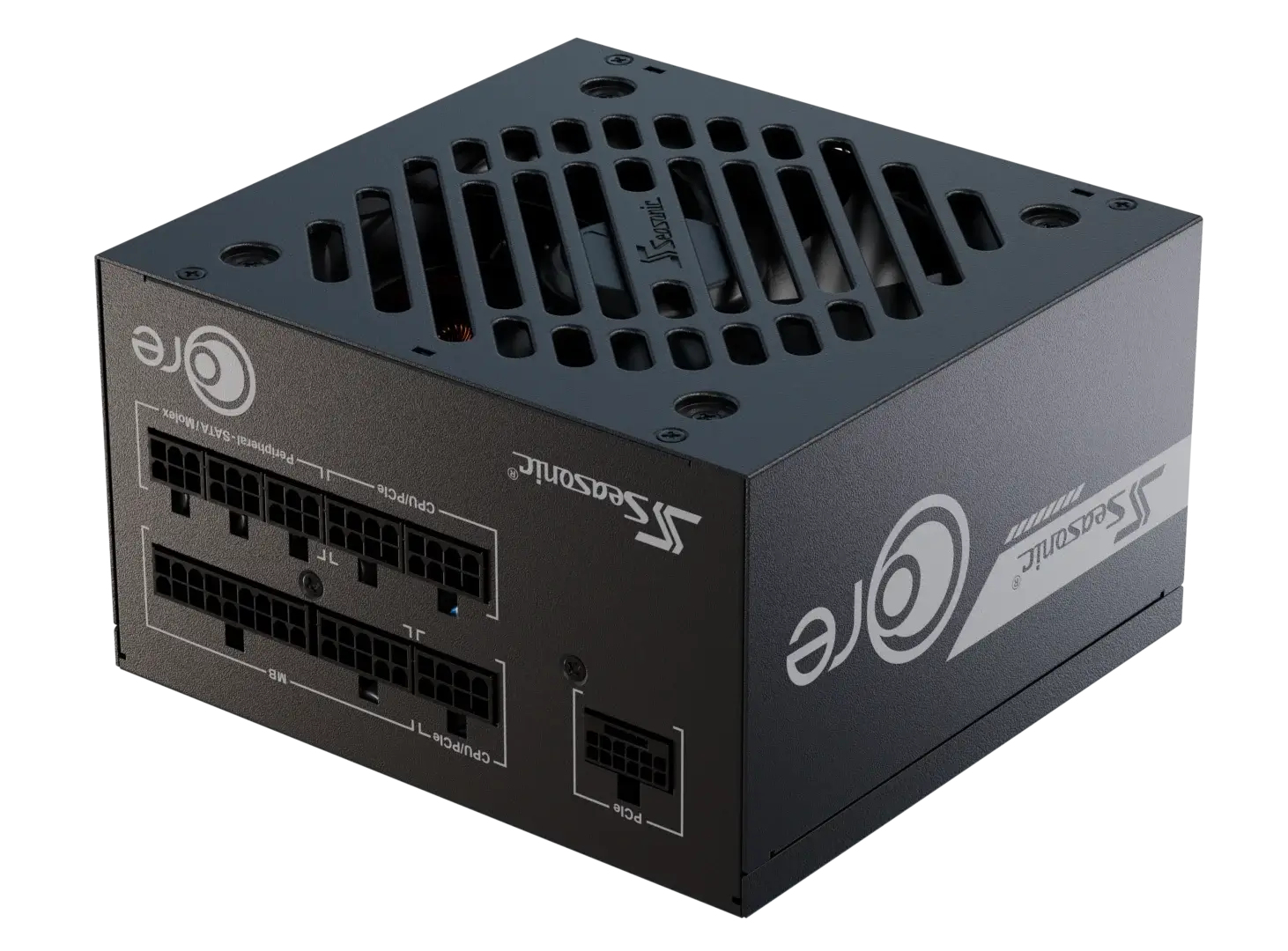 Alimentation Seasonic noire pour ordinateur, vue en biais.