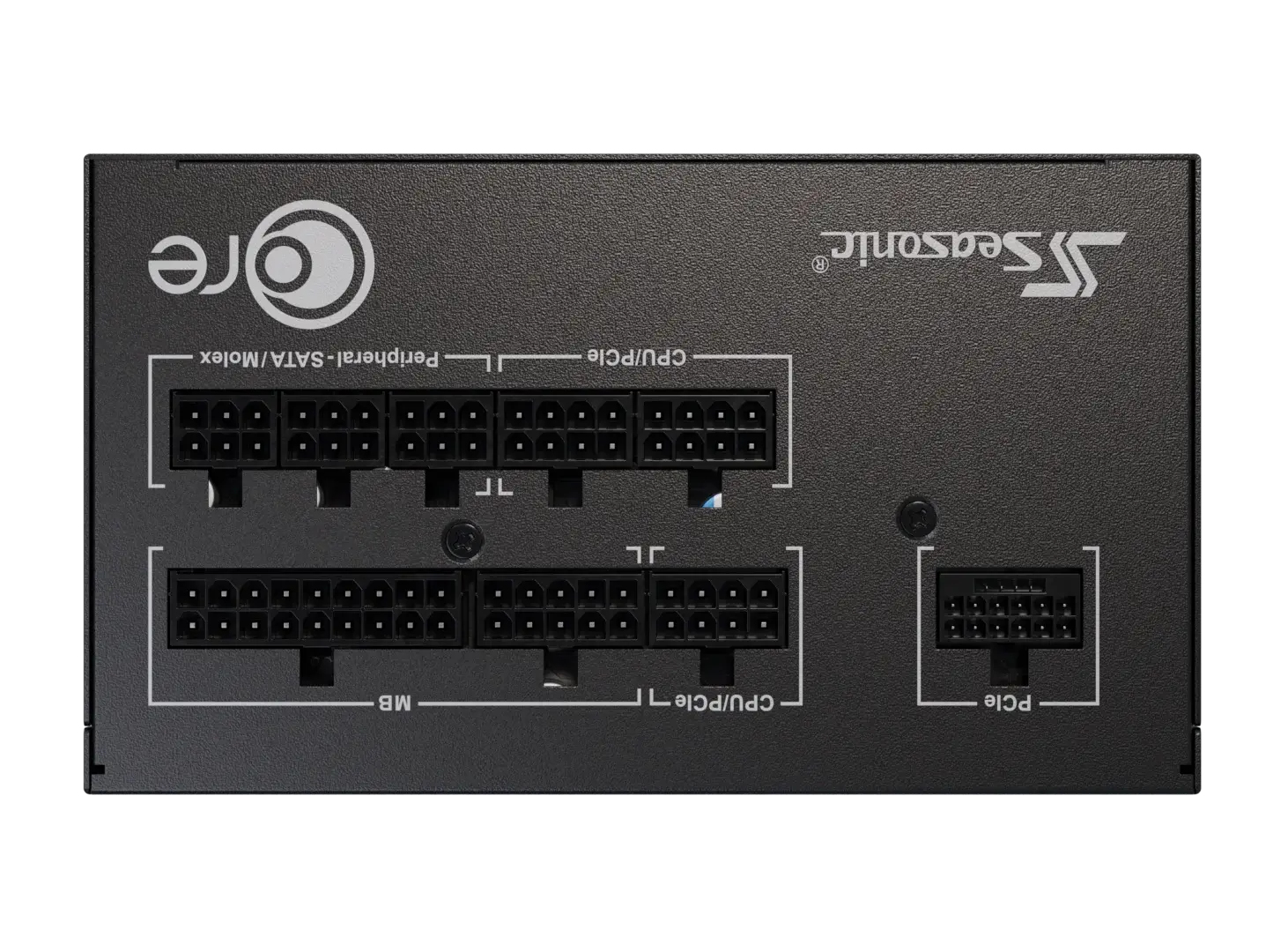 Alimentation Seasonic noire, vue avant des connecteurs.