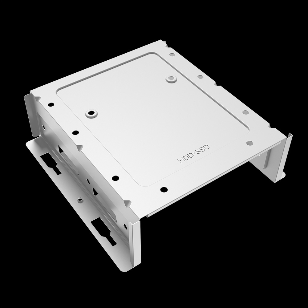 Una carcasa metálica blanca para HDD/SSD. La parte superior tiene la etiqueta HDD/SSD.