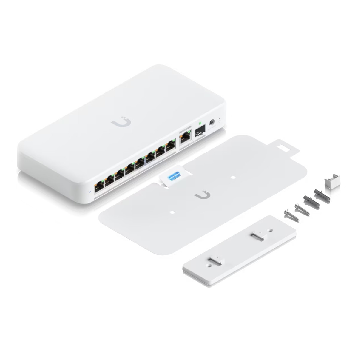 Biały przełącznik sieciowy z różnymi portami i wskaźnikami, widok z przodu.