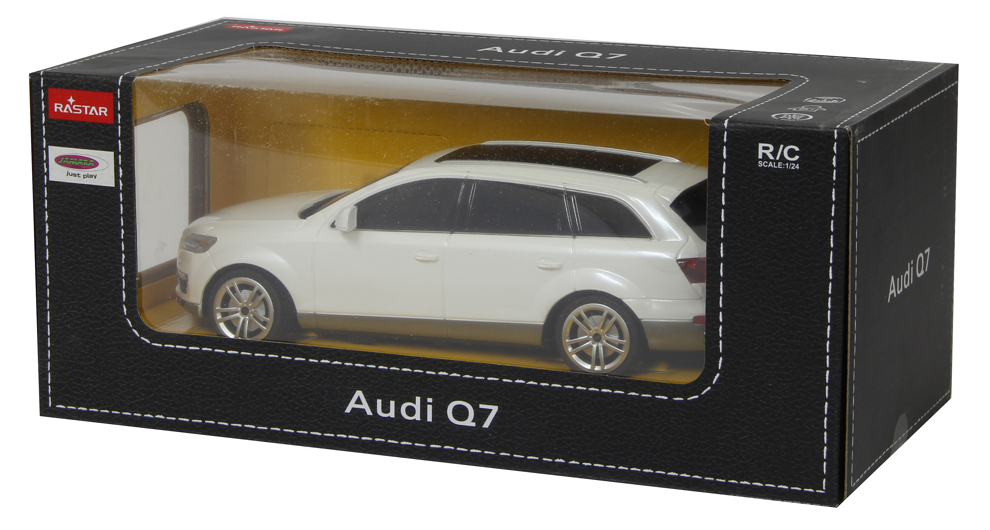 Zabawkowy samochód Audi Q7 w czarnym pudełku. Przezroczyste okno z tworzywa. Tekst Audi Q7.