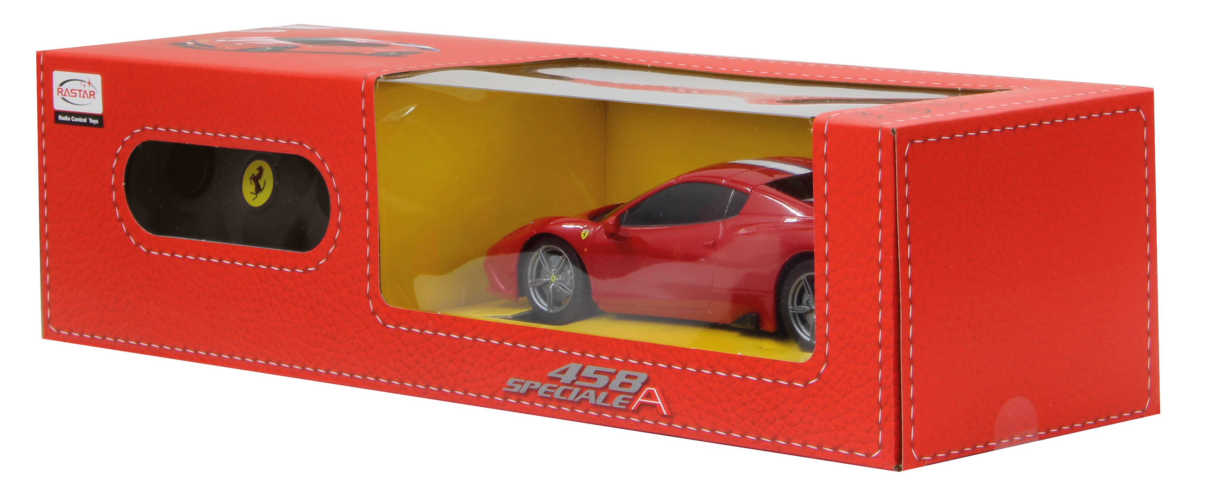 Czerwone pudełko z zabawką Ferrari 458 Speciale A w środku.