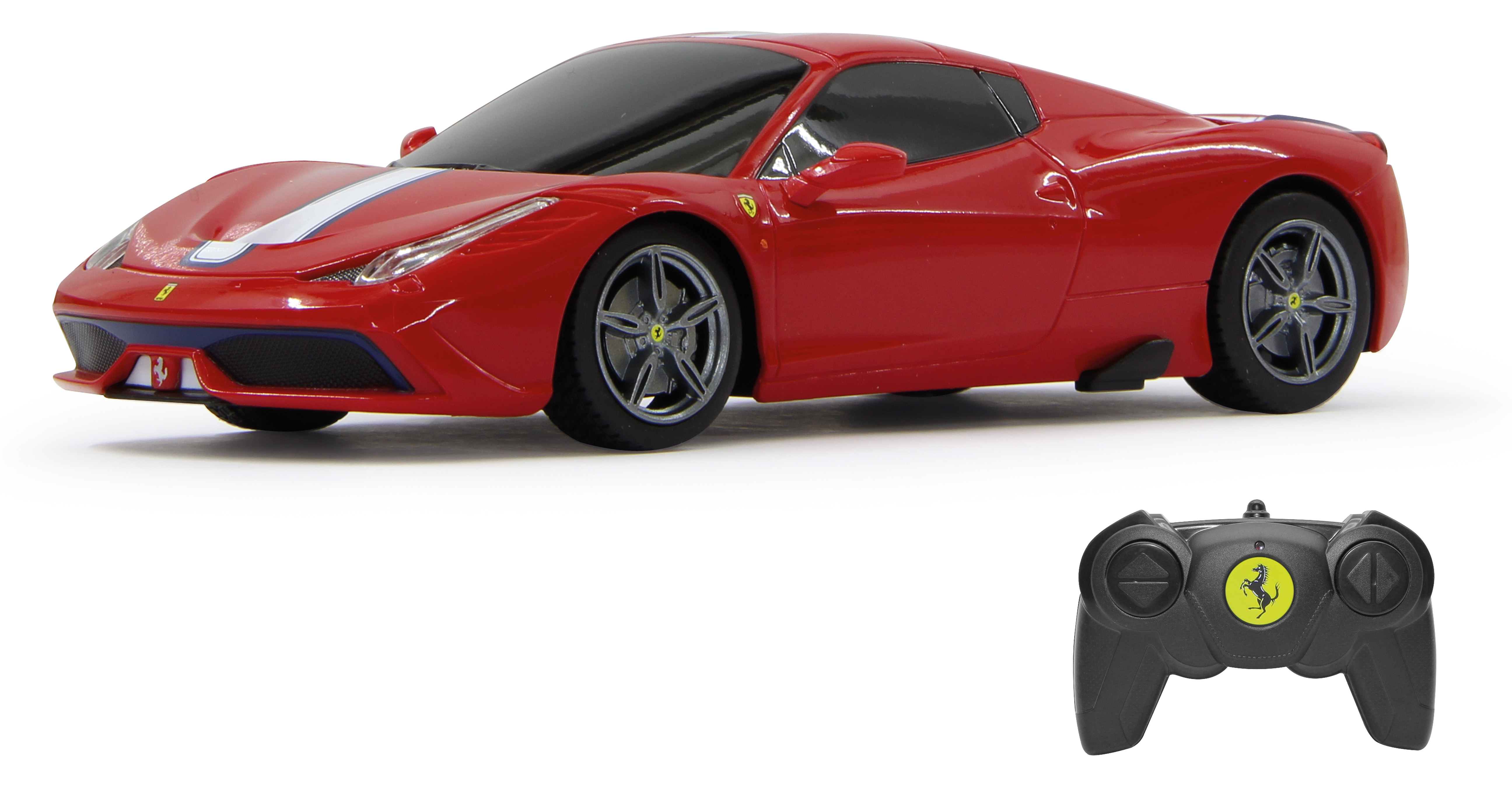 Czerwone Ferrari z pilotem. Białe i niebieskie paski. Czarny pilot.