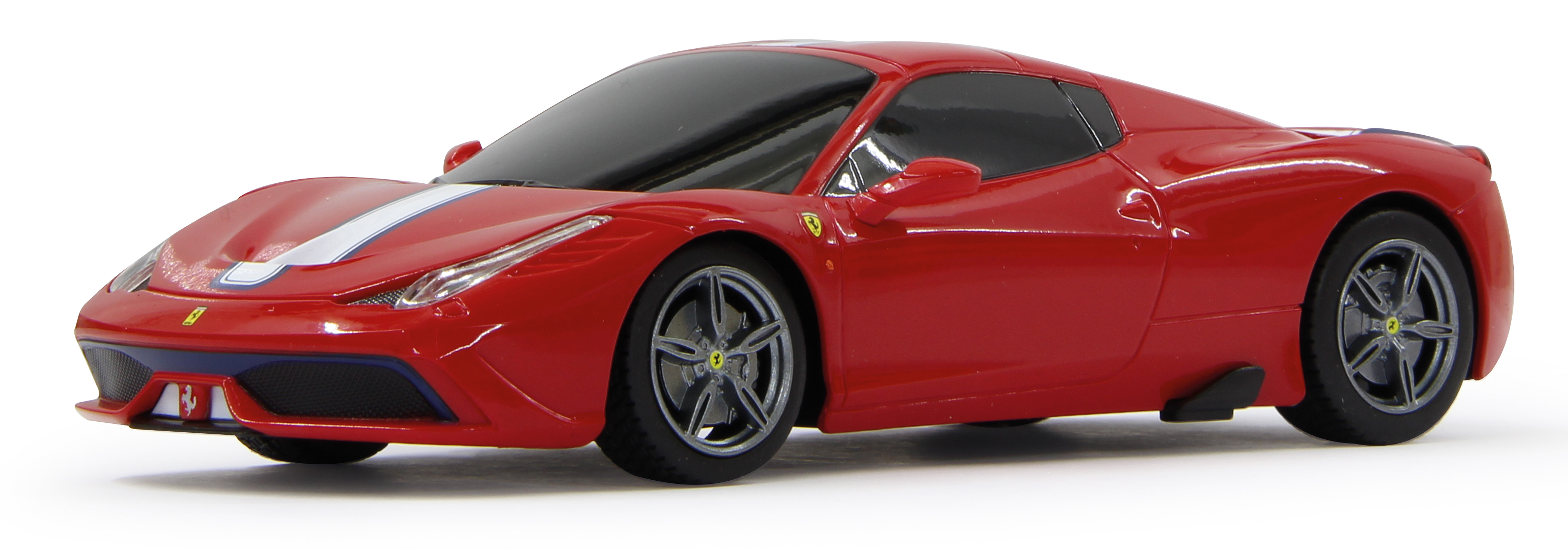 Czerwone Ferrari. Białe i niebieskie paski. Widoczne logo Ferrari.