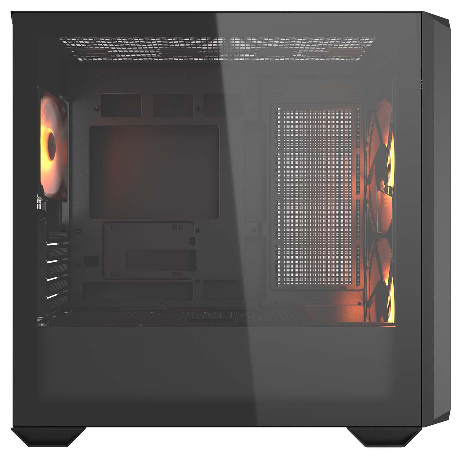 Case per computer con pannello laterale in vetro, ventole e interno aperto.