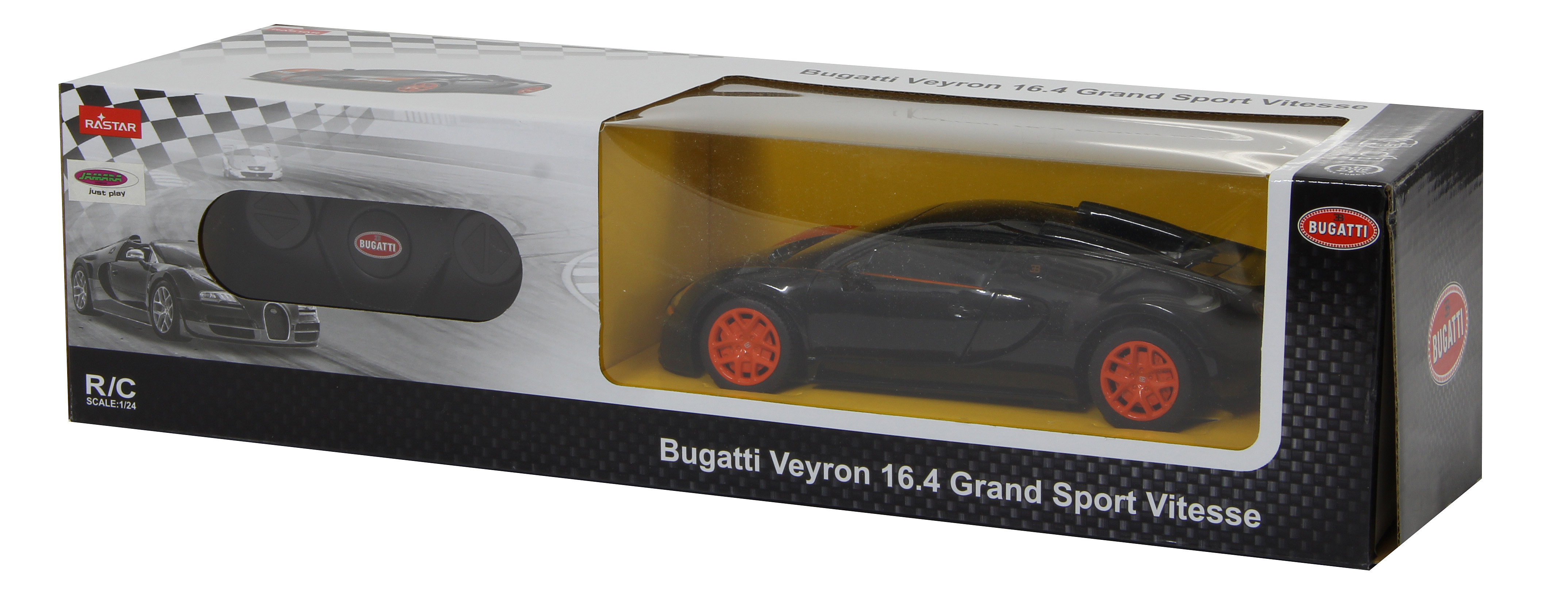 Samochód zabawkowy Bugatti Veyron w pudełku. Czarny samochód, pomarańczowe akcenty, pilot w zestawie.