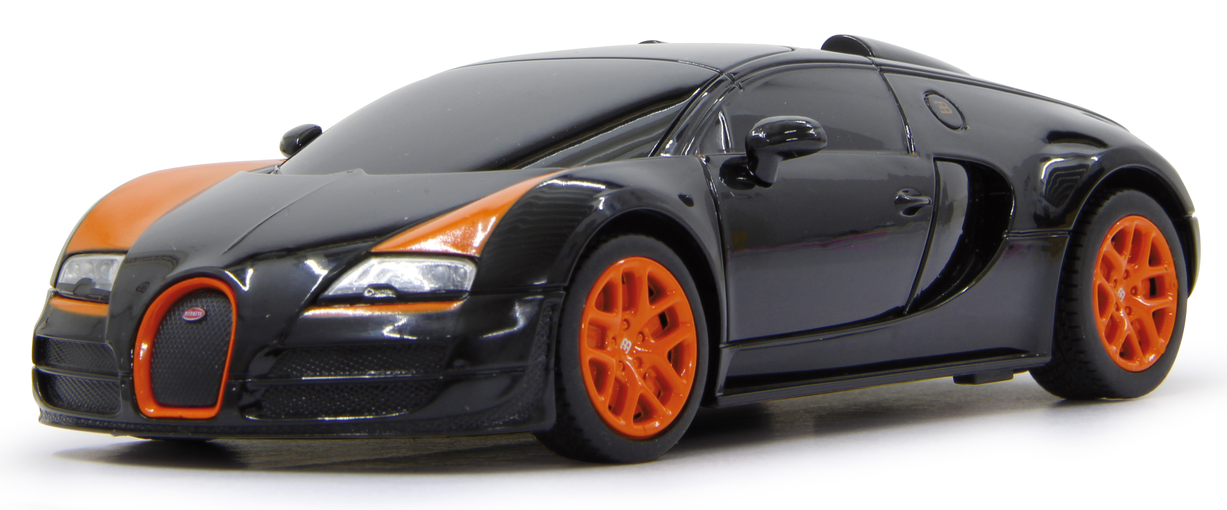 Czarny samochód Bugatti z pomarańczowymi akcentami i kołami na białym tle.