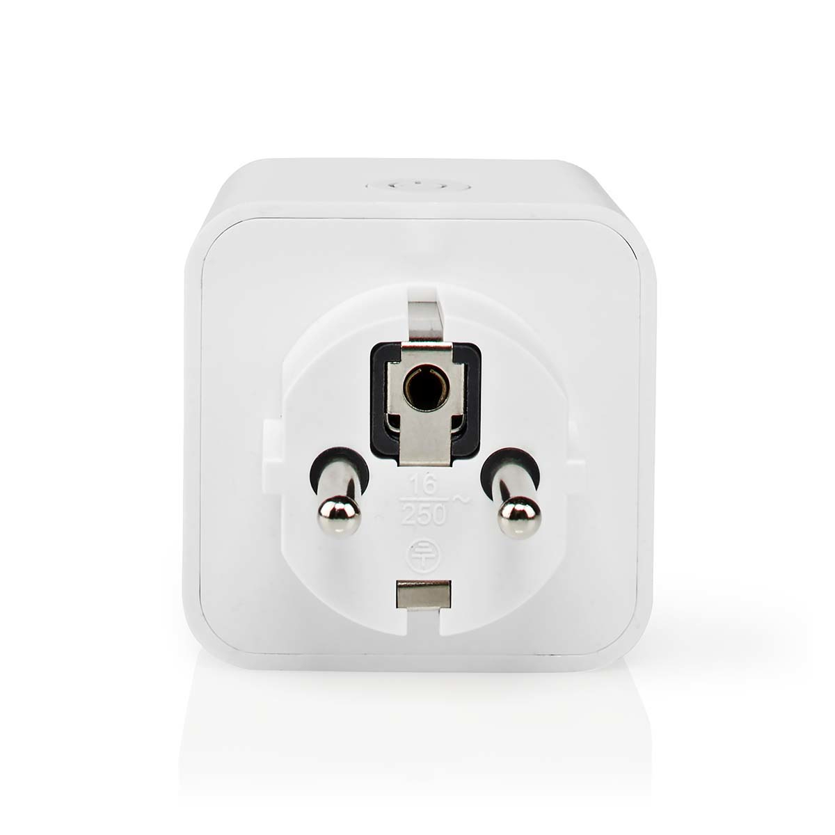 White smart plug, showing the plug-in side. Features the pins and ground connection.