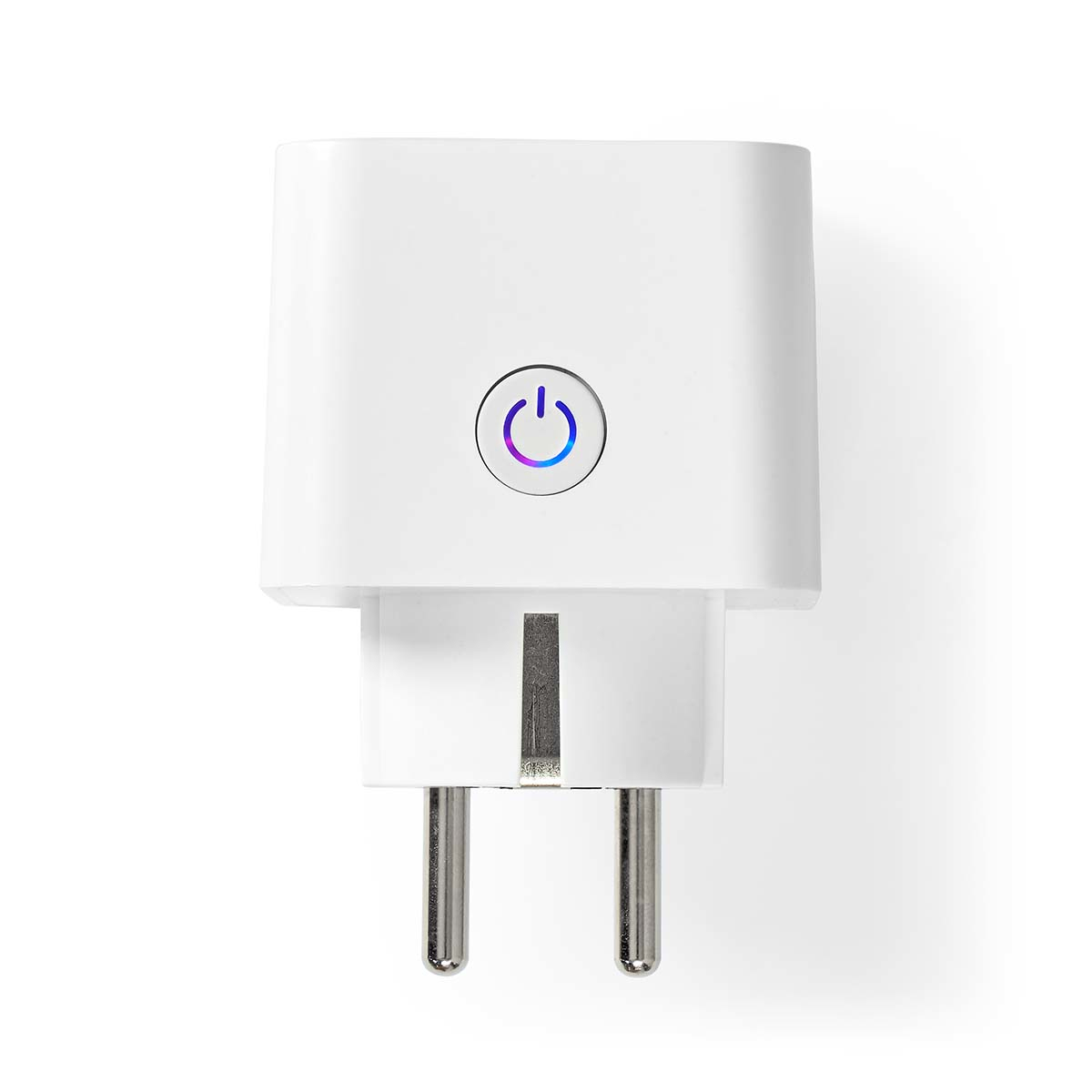 White smart plug with a power button, two prongs, on white background.