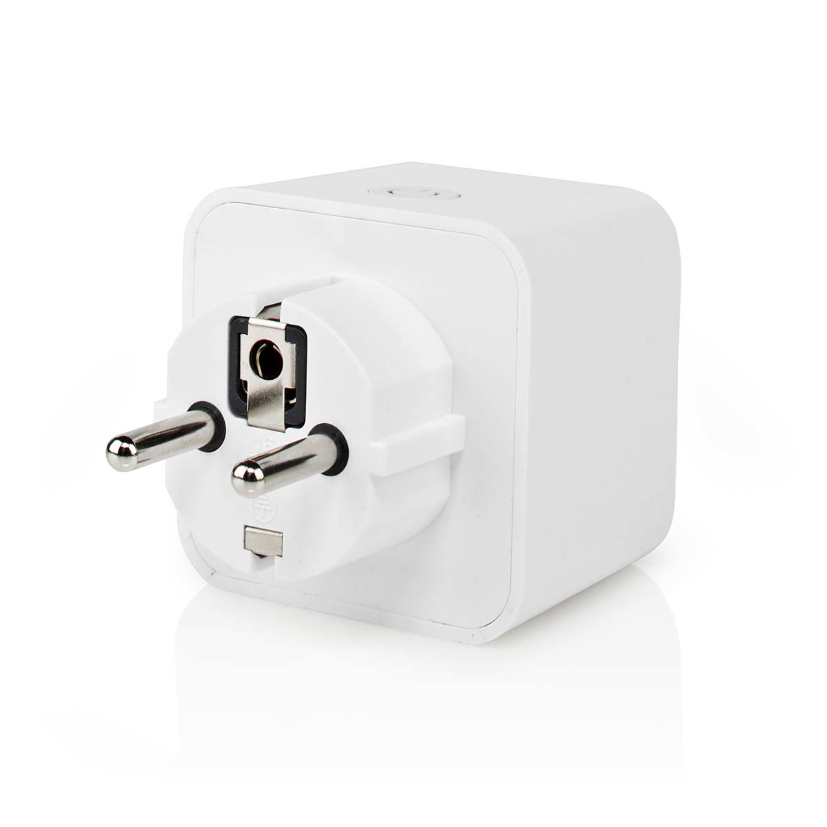 White smart plug with two prongs and a power button on white background.