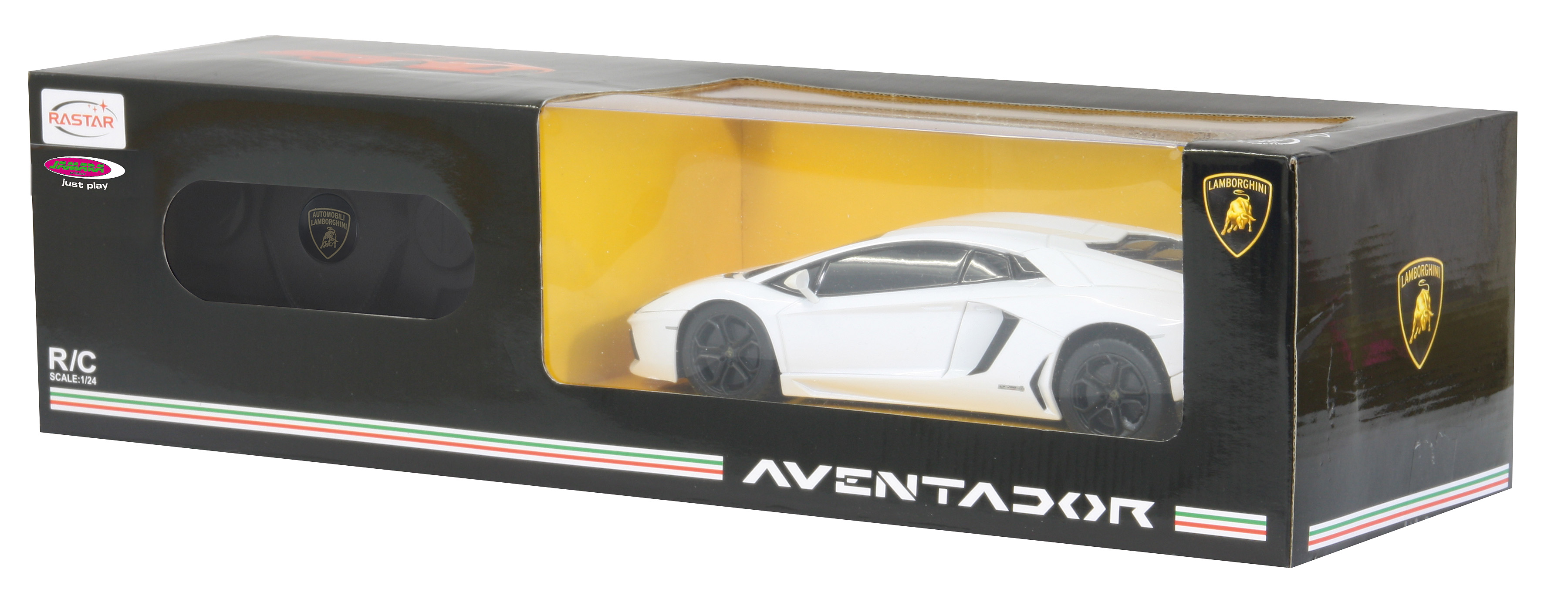 Biały samochodzik w czarnym pudełku. Samochód to model Lamborghini Aventador. Białe tło.