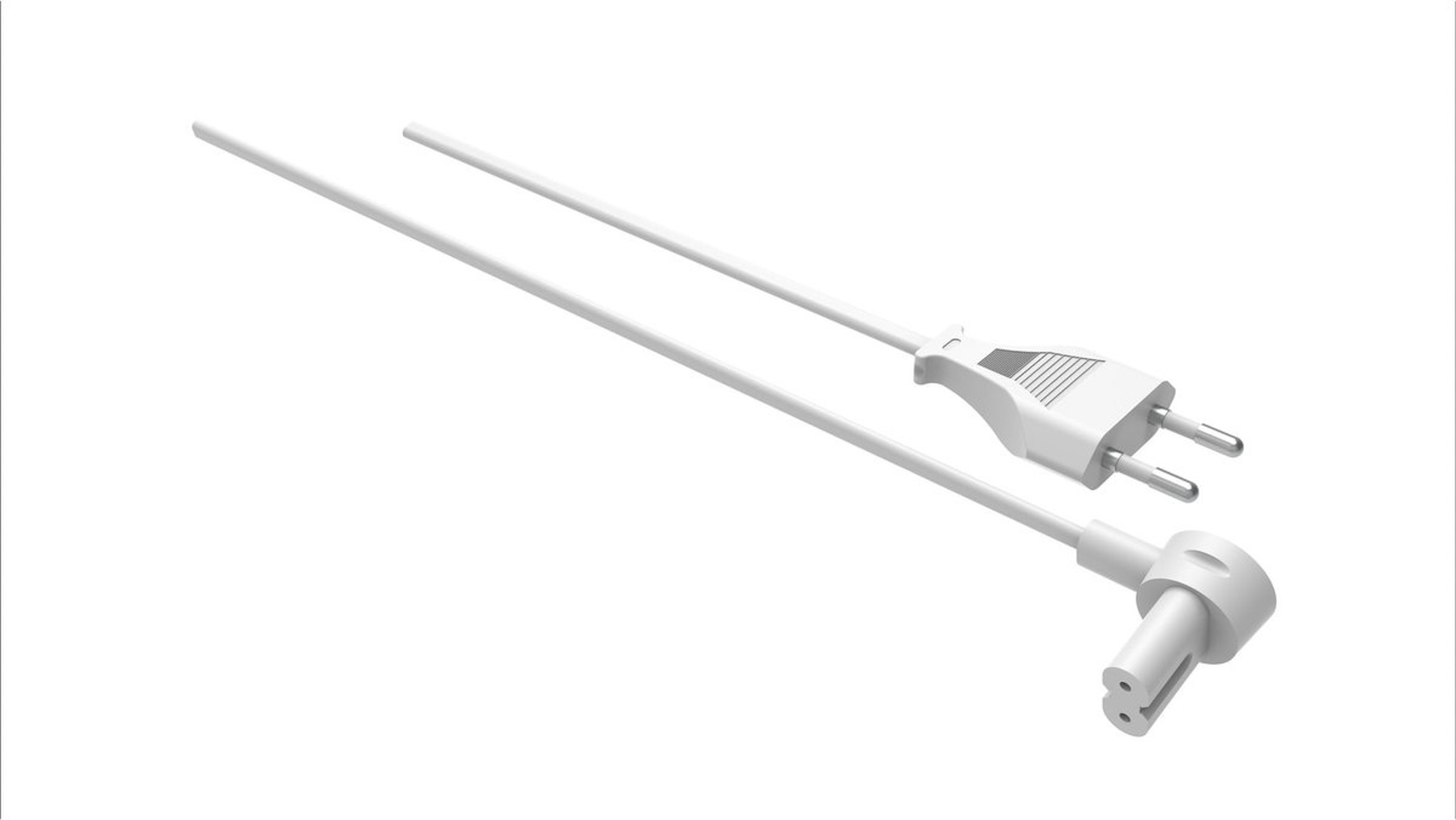 Weißes Netzkabel mit Stecker und abgewinkeltem Anschluss.