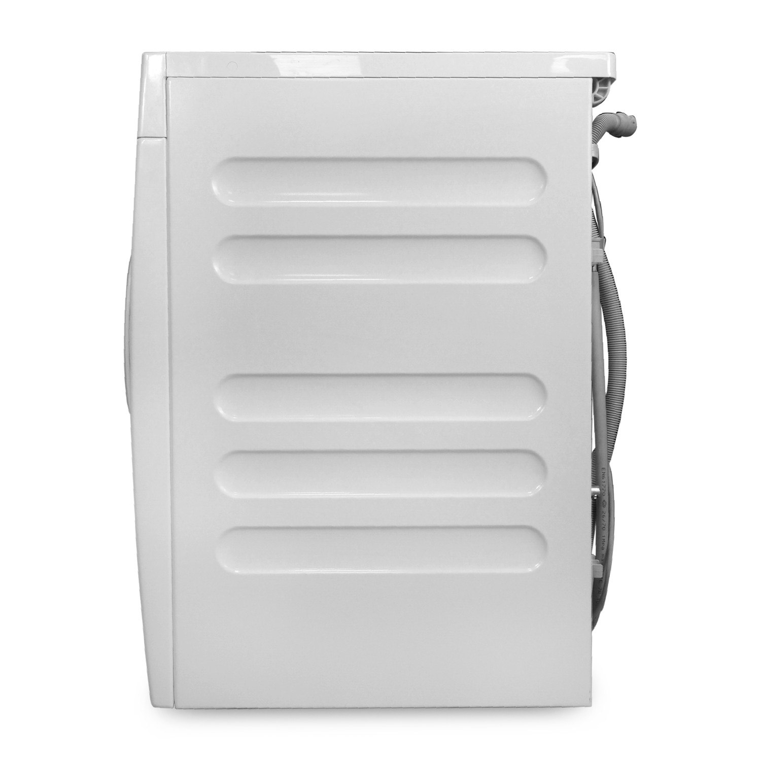 Seitenansicht einer Waschmaschine, weiß mit seitlichem Panel, das das Design zeigt.