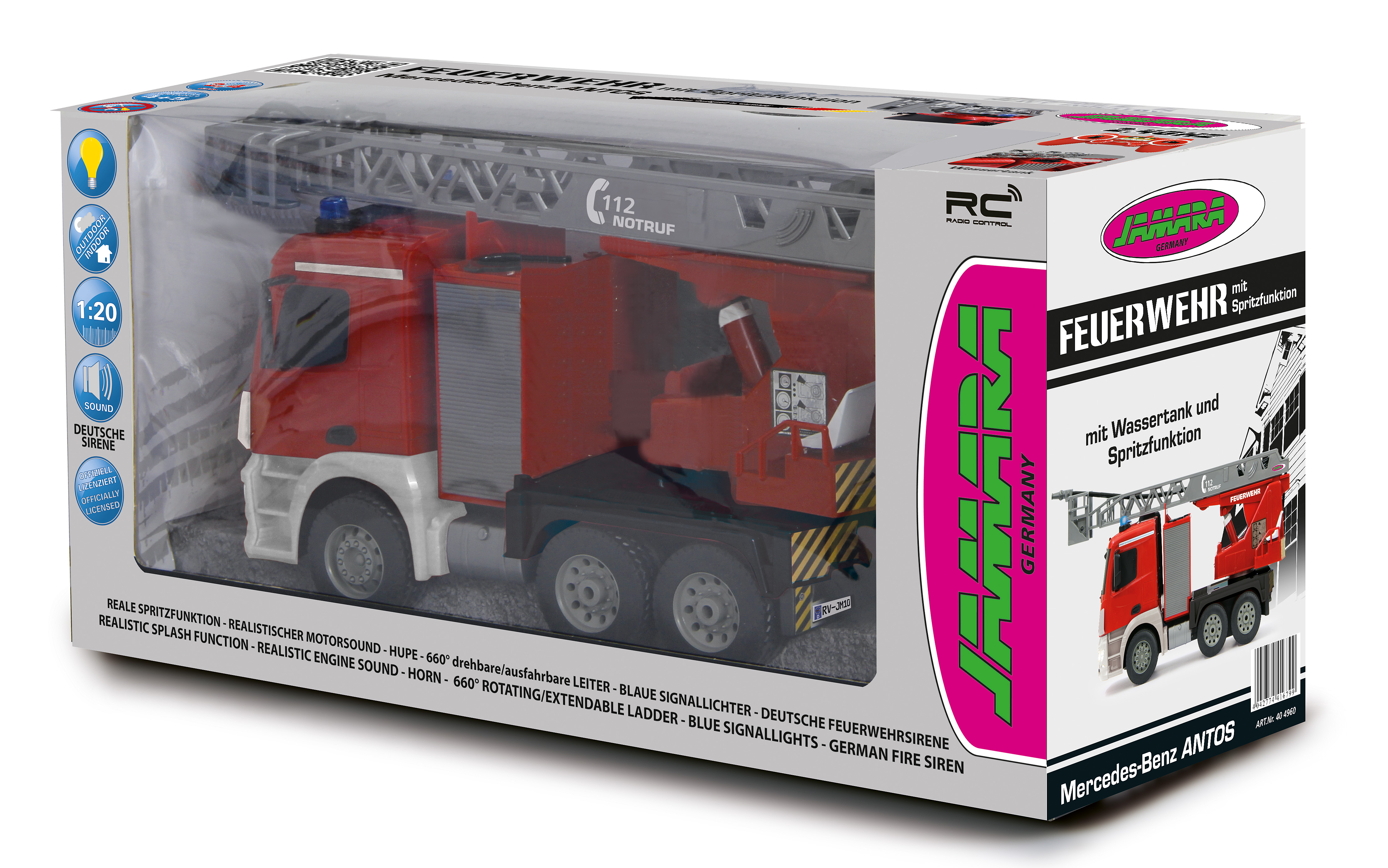 Zabawkowy wóz strażacki w opakowaniu, czerwono-biały, z drabiną.