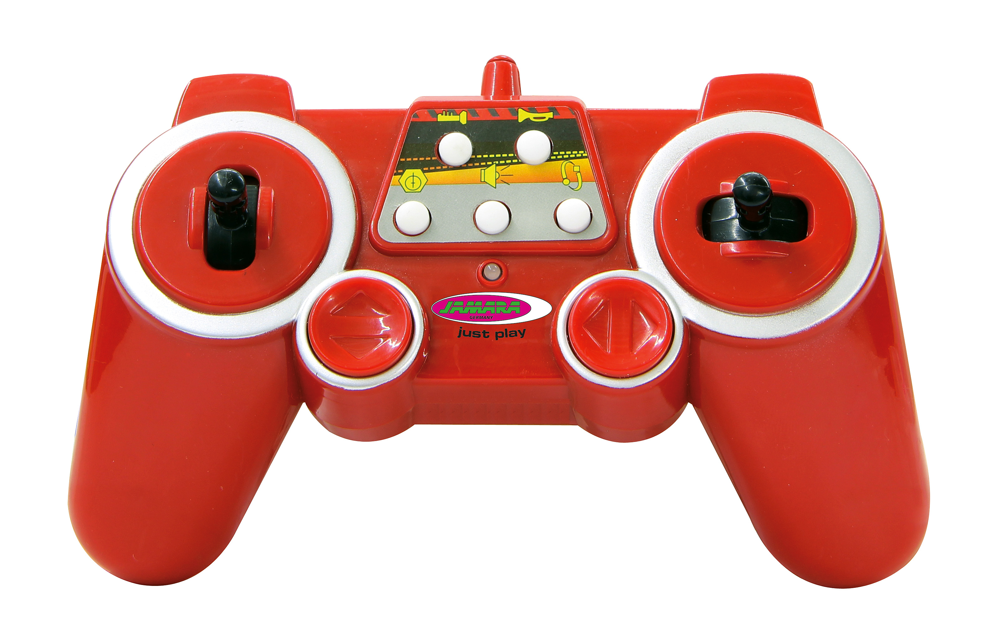 Czerwony zabawkowy pilot z przyciskami i joystickami na białym tle.