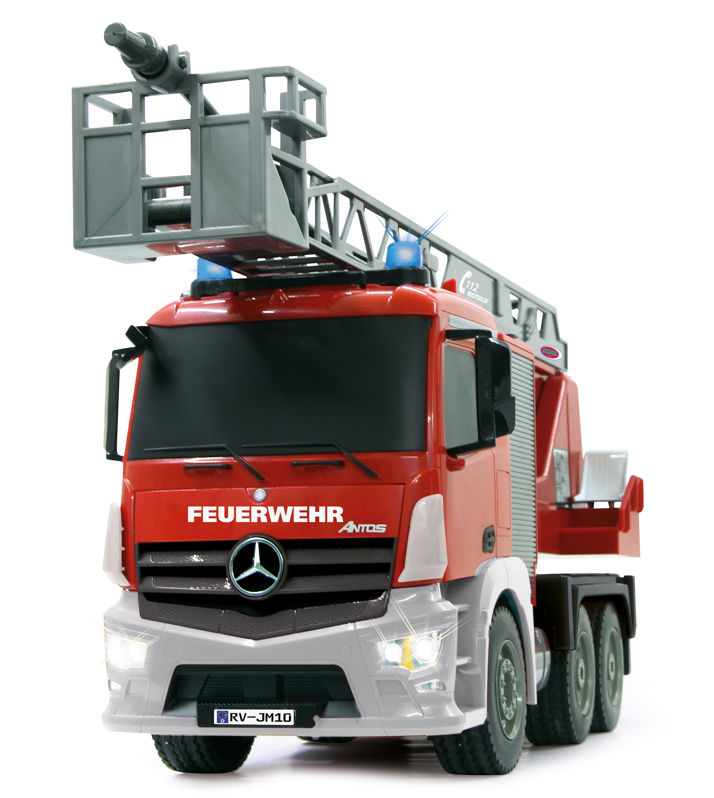 Czerwono-szara zabawka wóz strażacki z drabiną, światłami i napisem 'FEUERWEHR'. Białe tło.