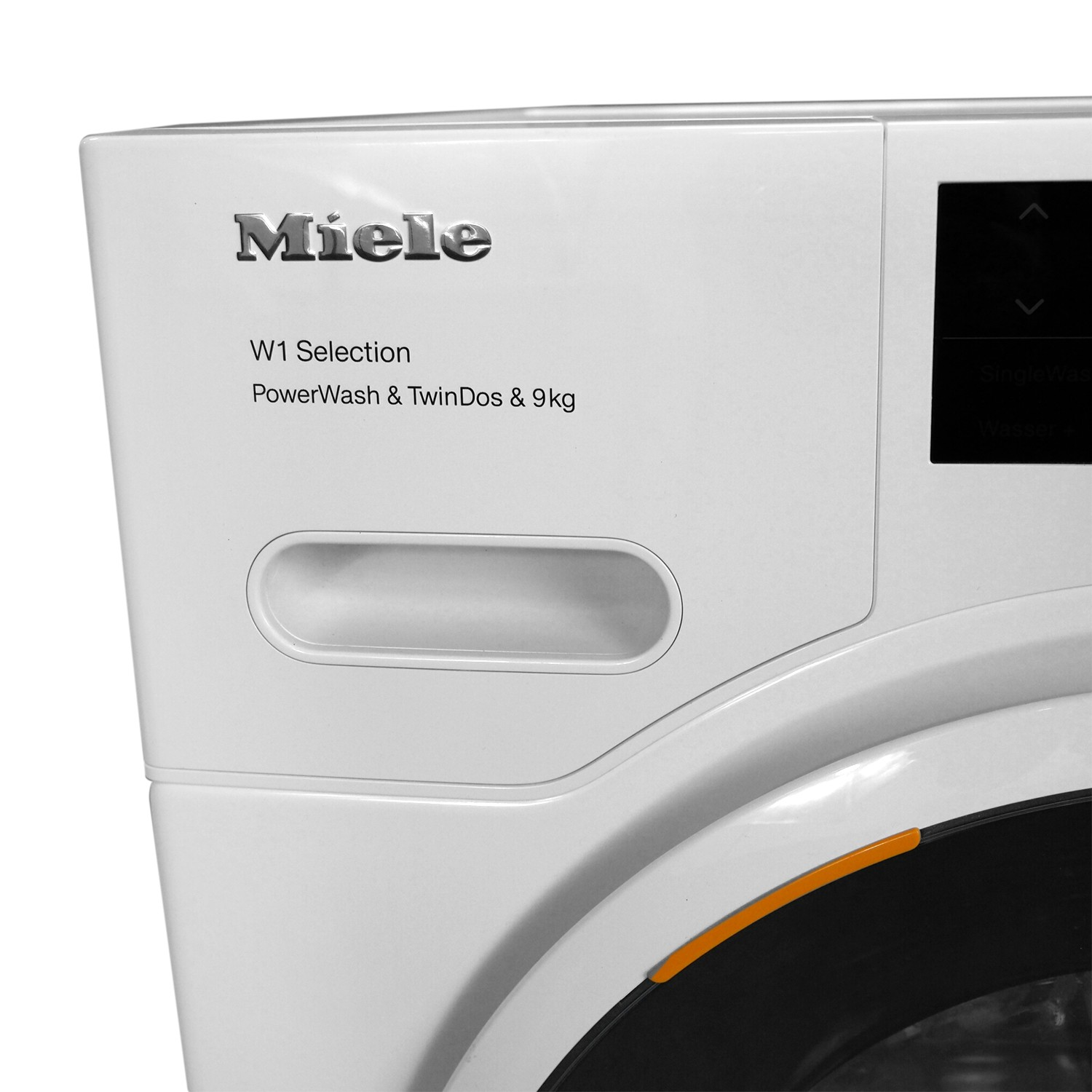 Nahaufnahme einer weißen Waschmaschine mit Miele-Logo und Bedienfeld.