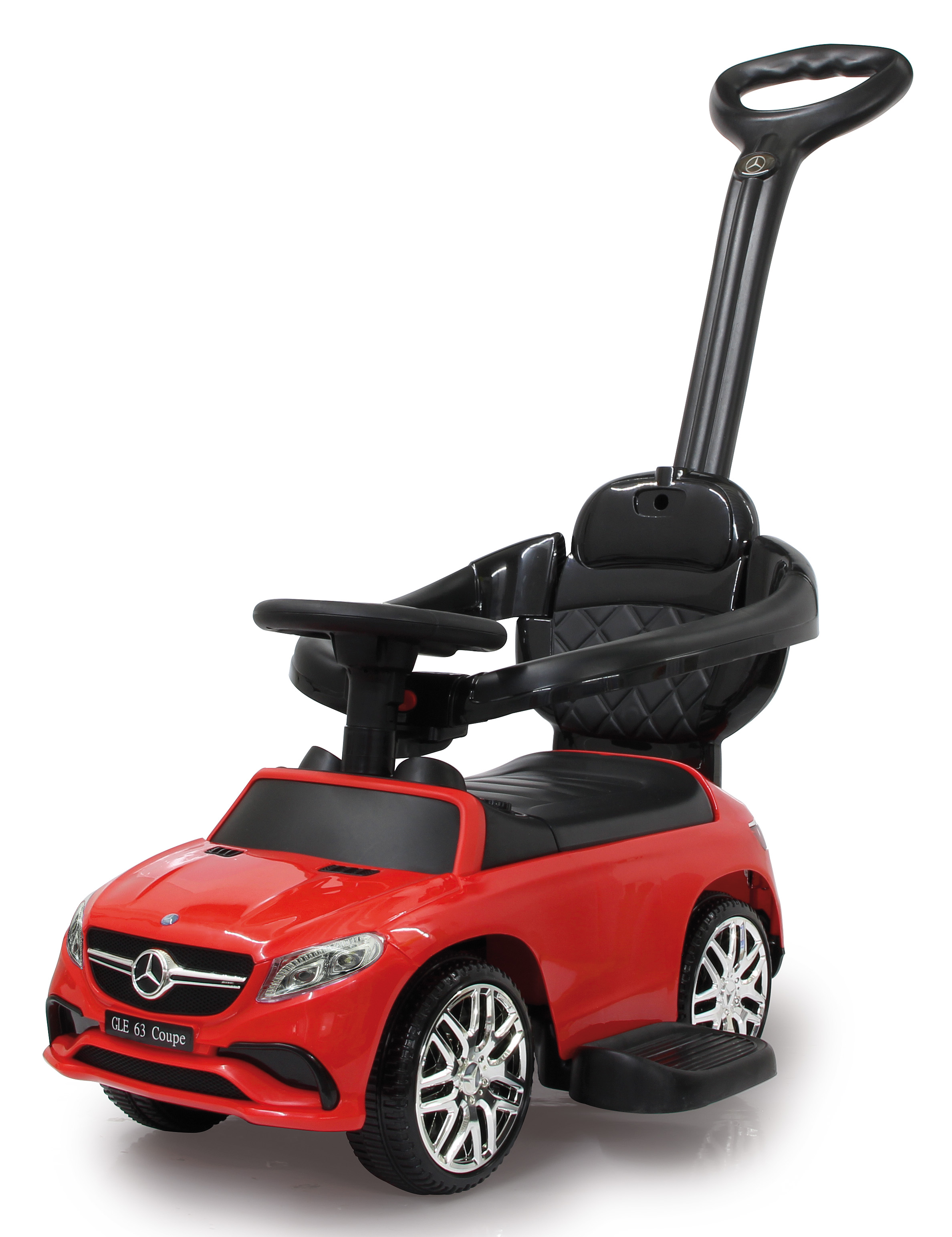 Un coche de juguete rojo con asa negra y asiento negro.