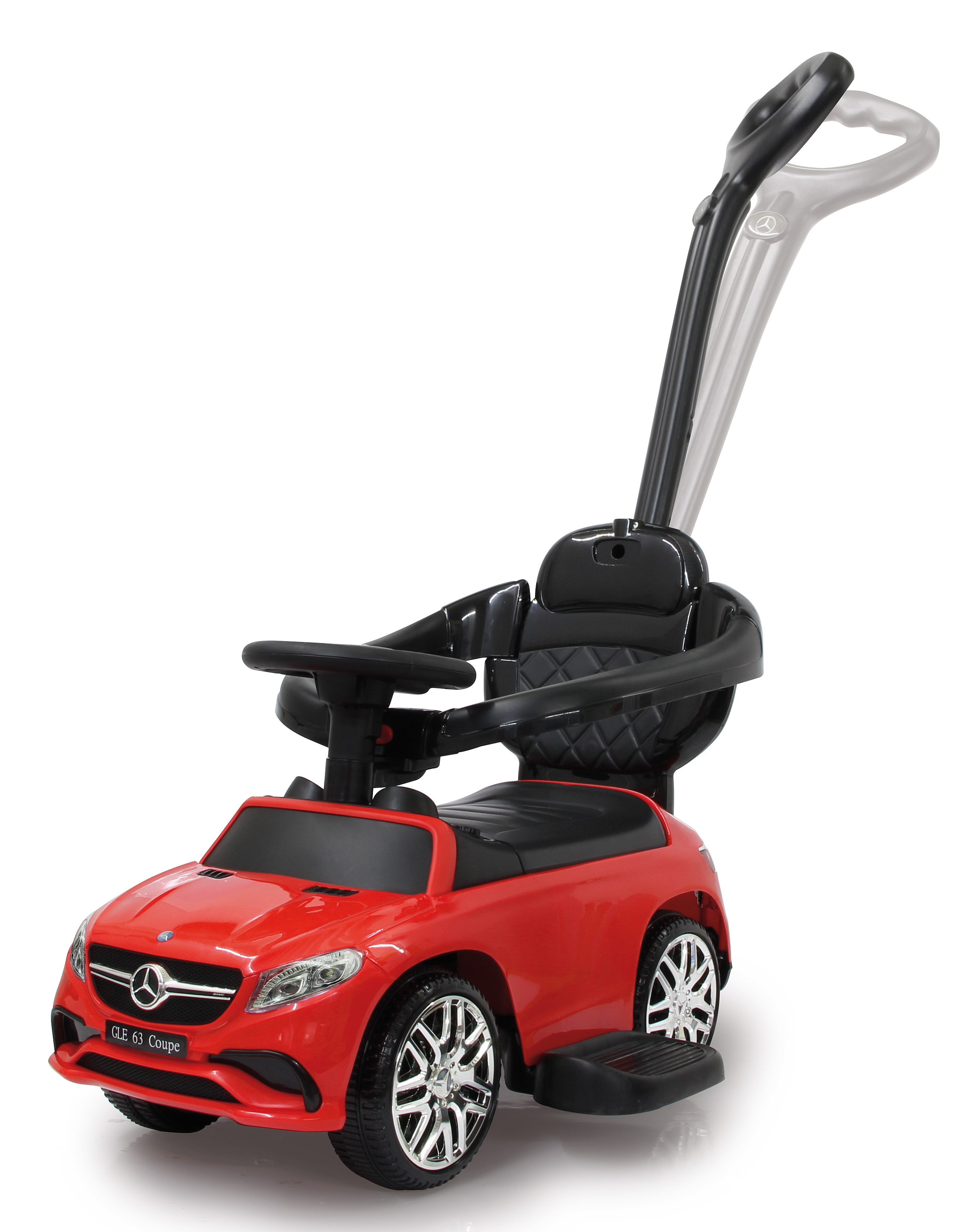 Coche de juguete rojo, Mercedes-Benz, con asa y asiento.