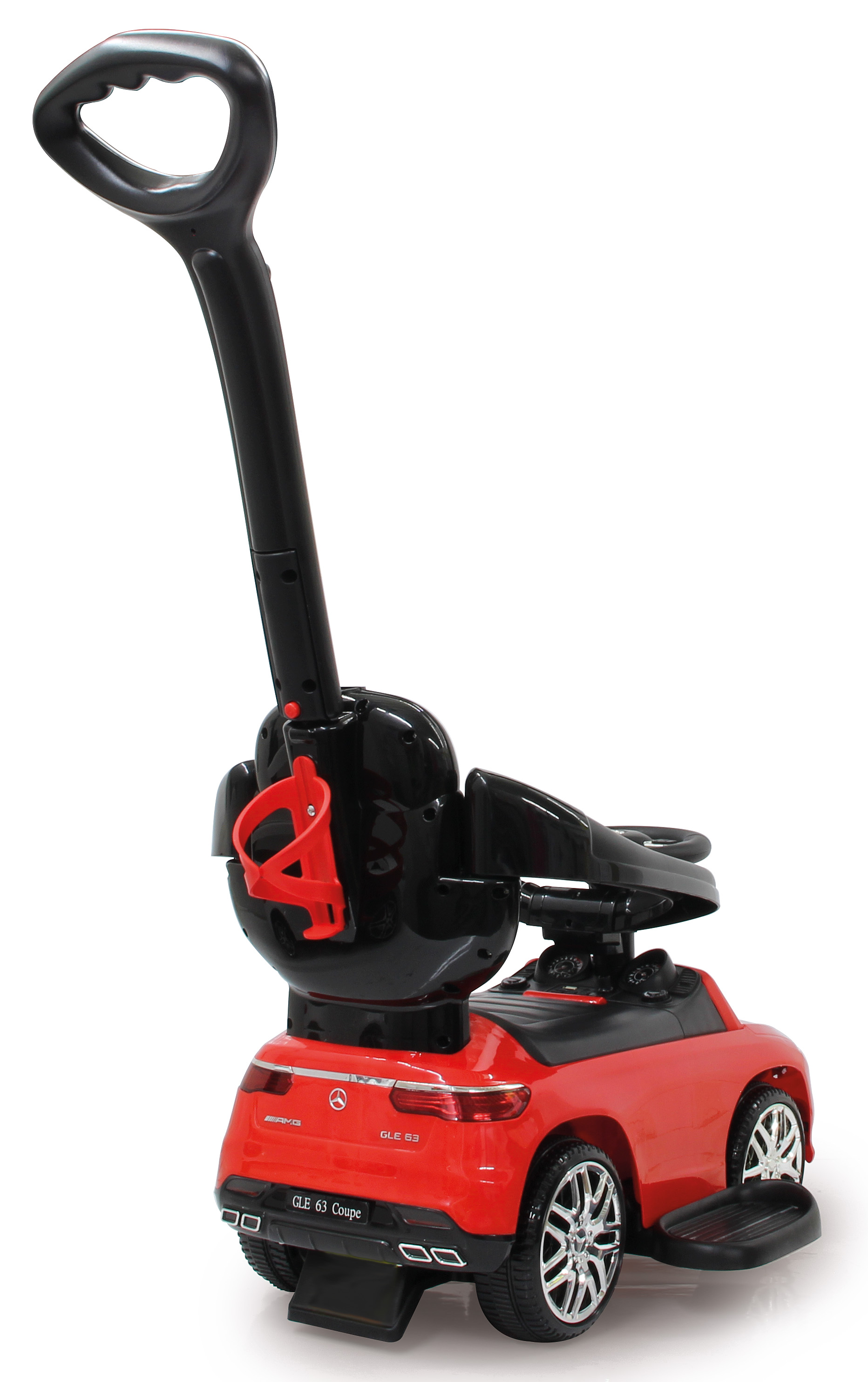 Un coche de juguete rojo, vista trasera, con asa y asiento negros, sobre superficie blanca.