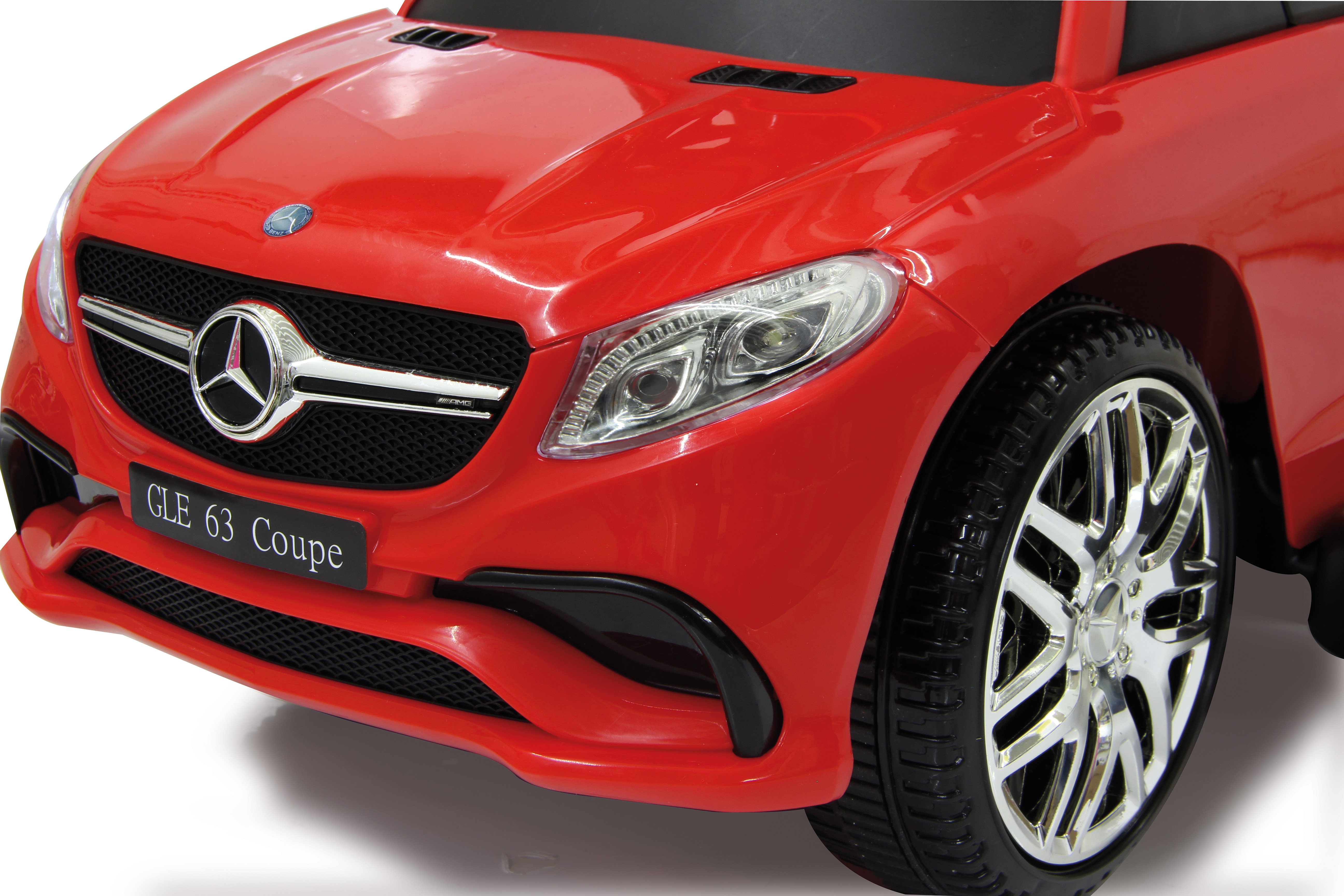 Coche de juguete GLE 63 Coupe rojo, vista frontal, primer plano.