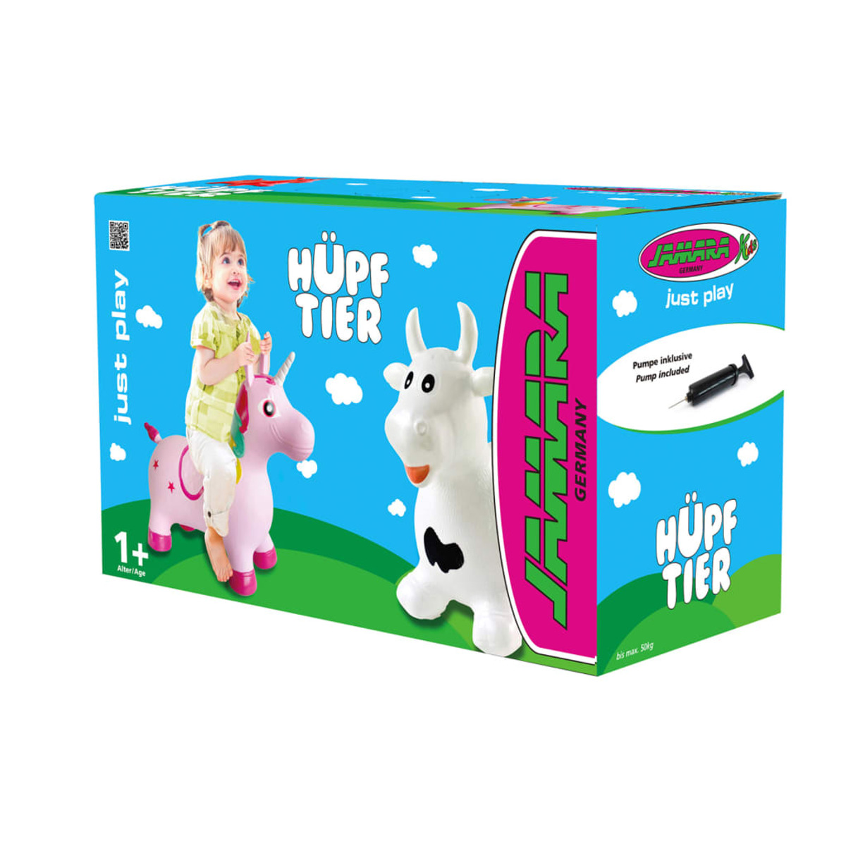 Box mit Mädchen auf rosa Einhorn-Spielzeug, Kuh und Text.