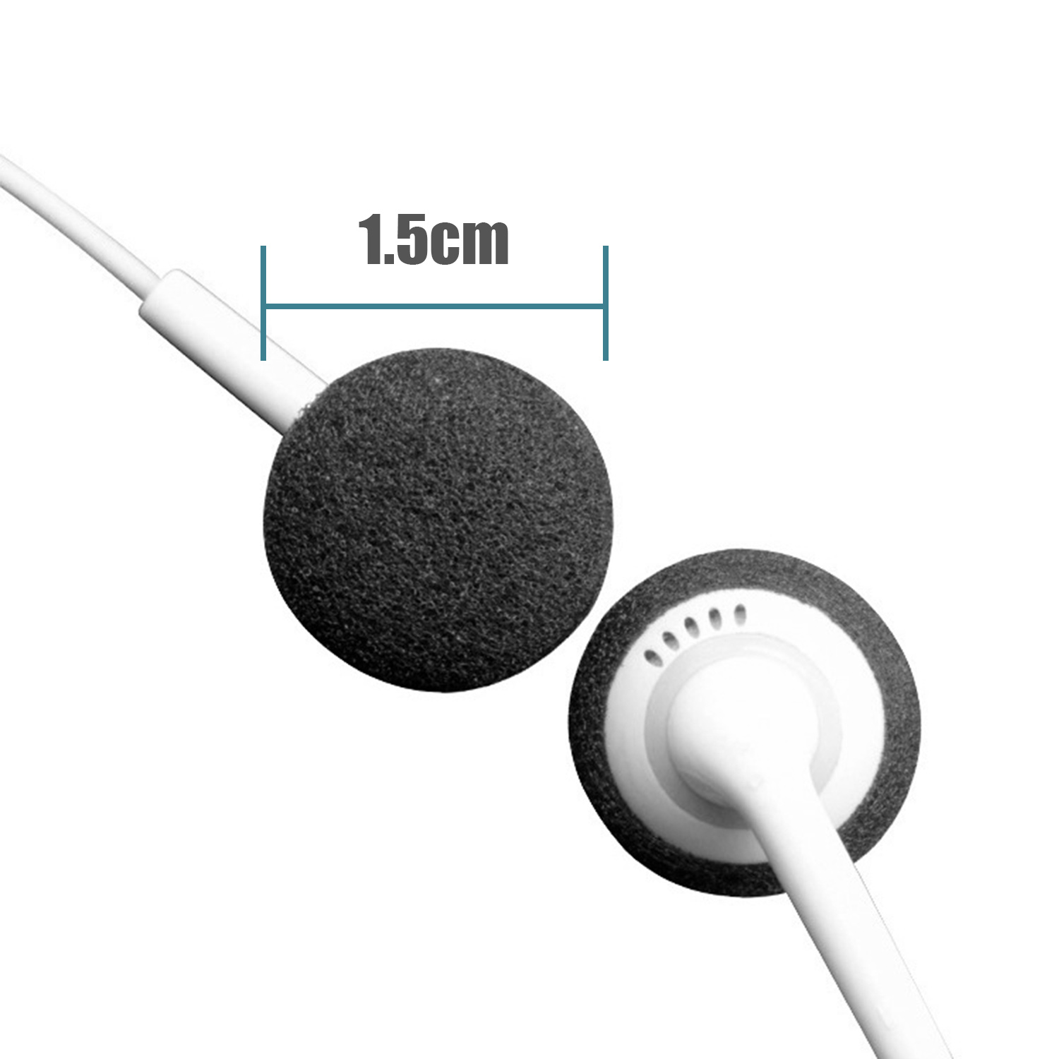 Słuchawka z piankowymi osłonami, pomiar 1,5 cm, na białym tle.