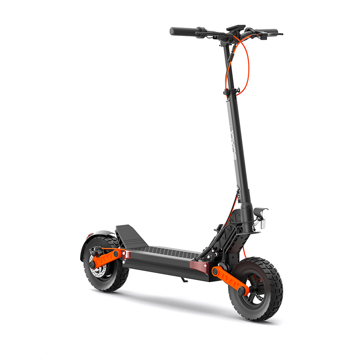 Czarno-pomarańczowa hulajnoga elektryczna. Widać koła, ramę i kierownicę, białe tło.