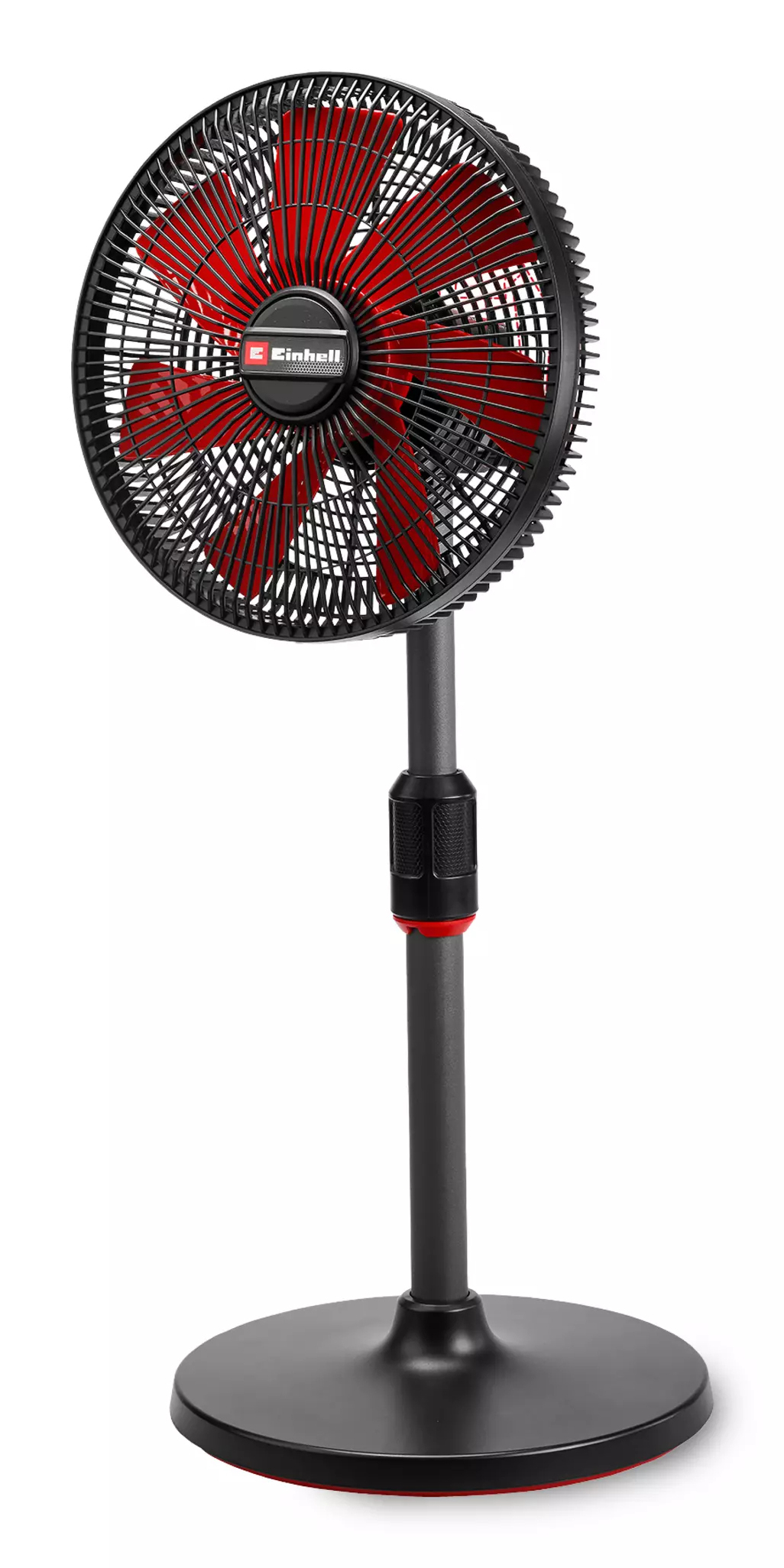 Czarno-czerwony wentylator stojący z okrągłą podstawą.